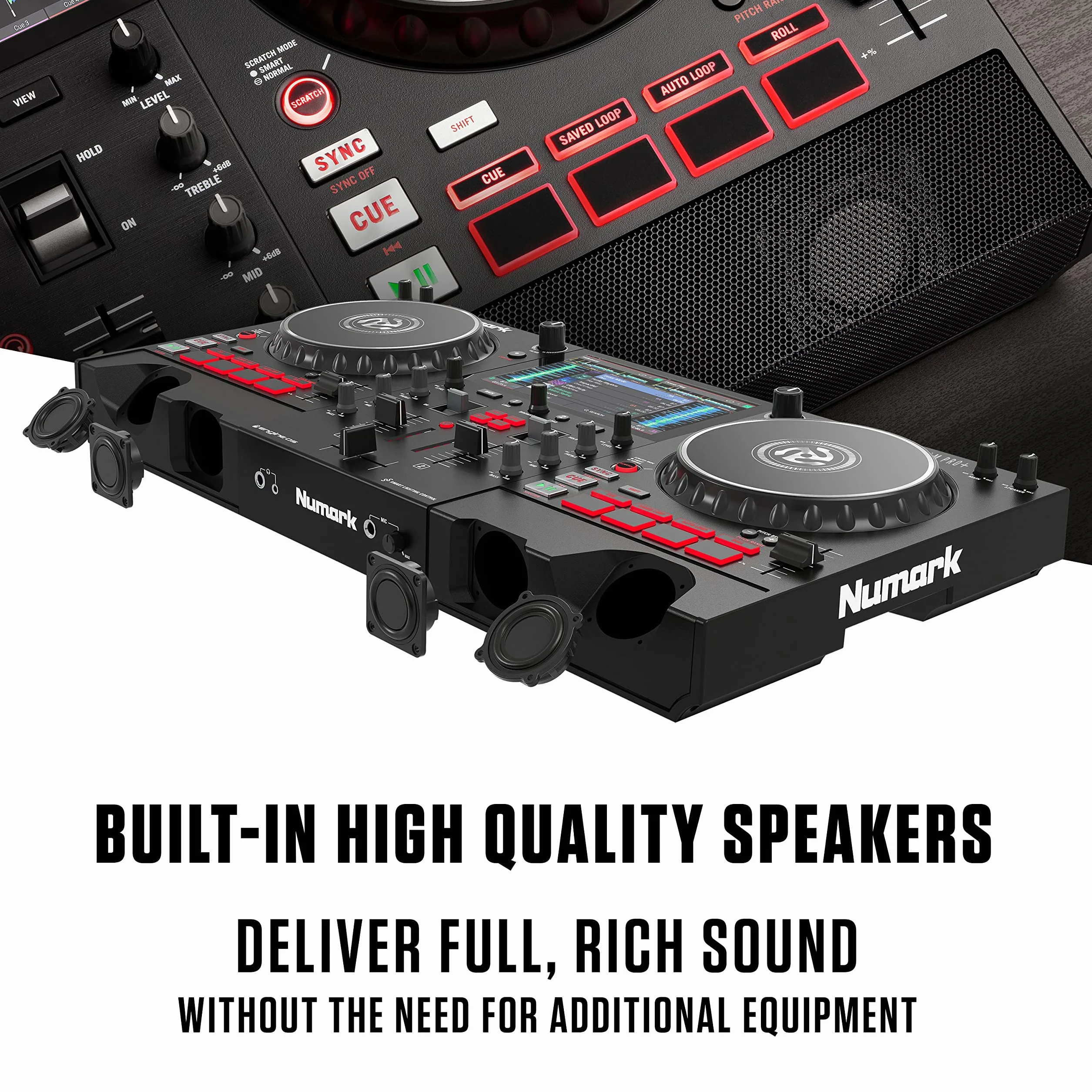 Numark Mixstream Pro+ Kontroler DJ z separacją stemów, 2 deckami, Wi-Fi, mikserem, ekranem 7″ i głośnikami, kompatybilny z Serato i Virtual DJ