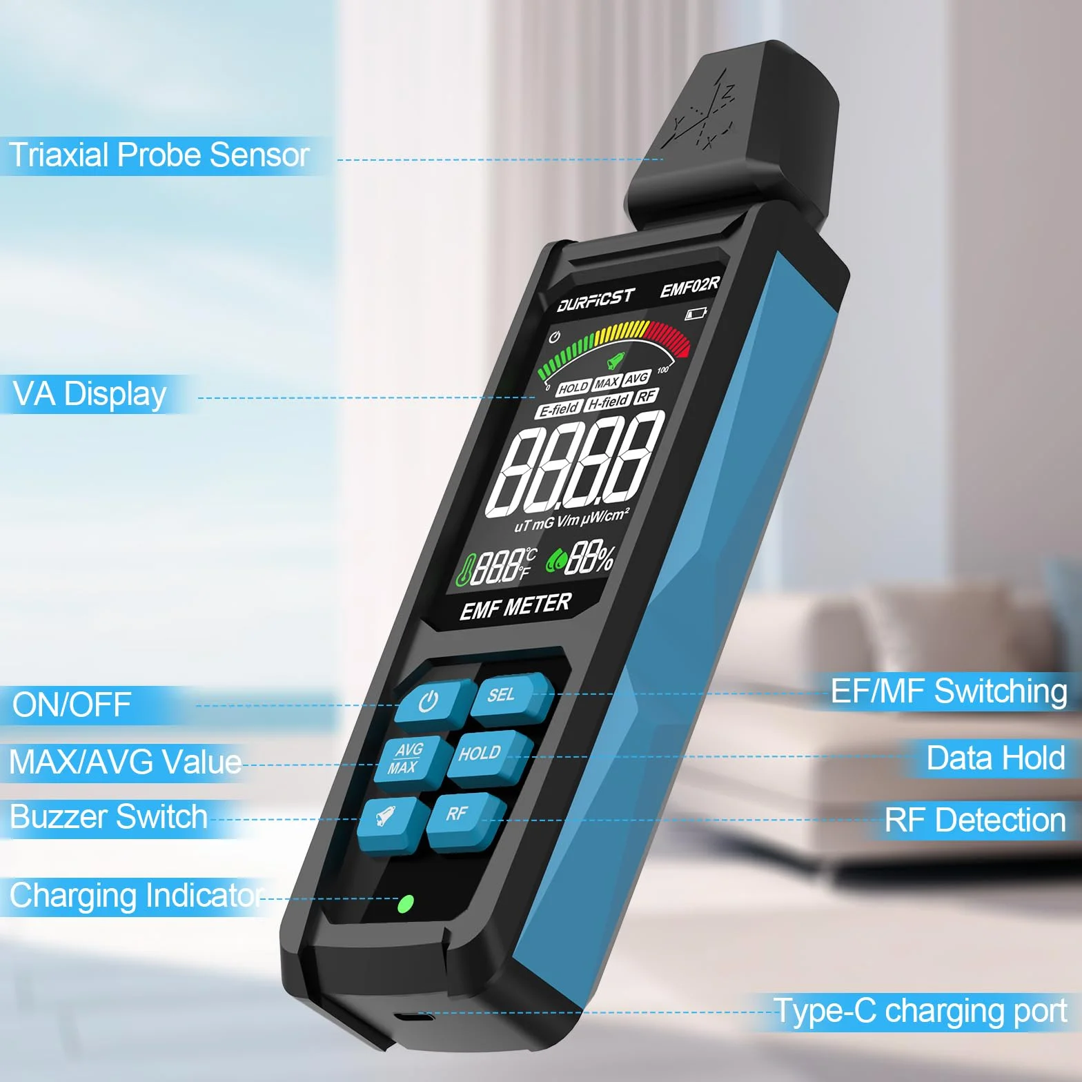 Miernik Pola Elektromagnetycznego, DURFICST 5 w 1 Akumulatorowy Detektor Promieniowania Pla Elektromagnetycznego Dla EF, RF, MF i WiFi, WieżeTtelefonii Komórkowej, Inteligentne Liczniki, Bluetooth