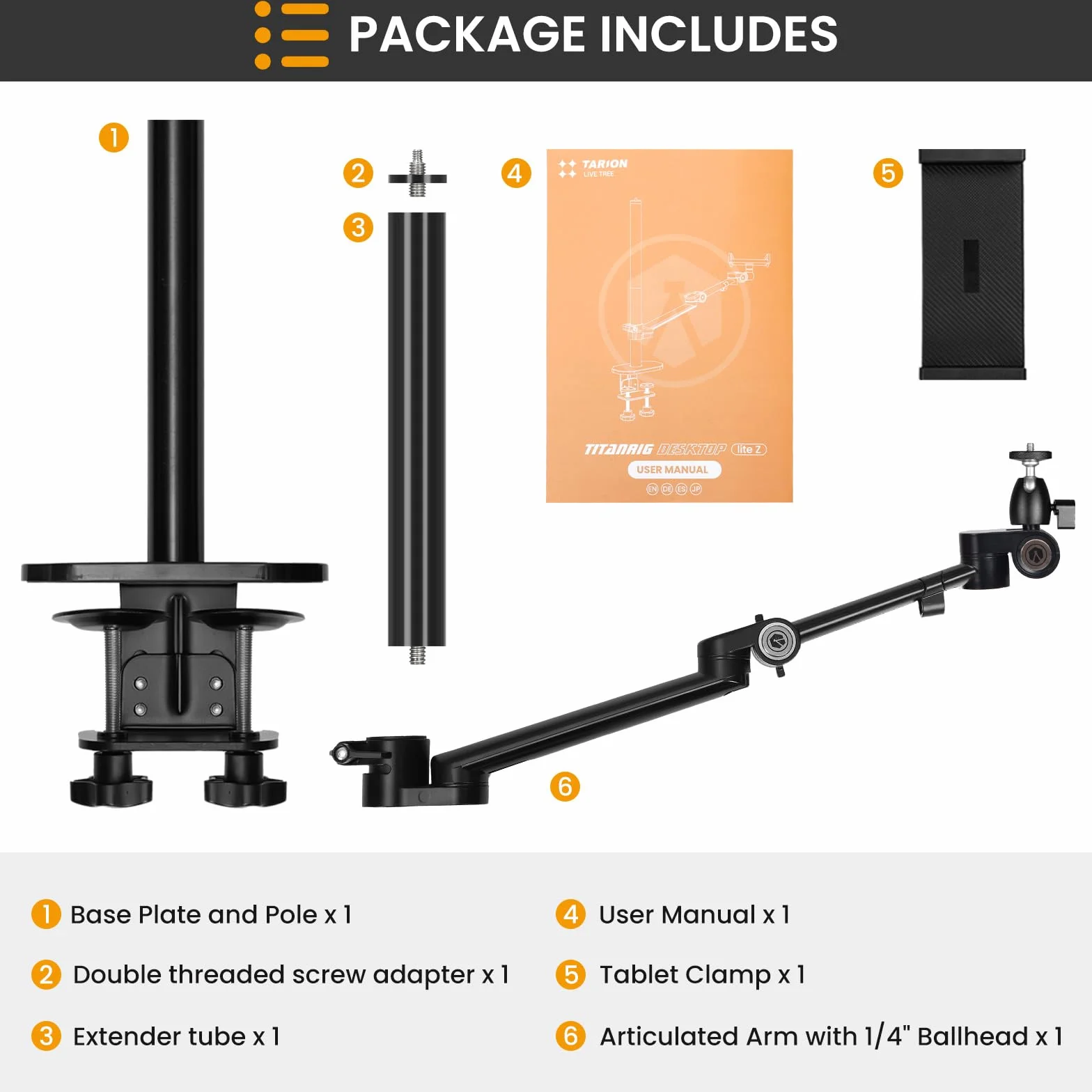 TARION Uchwyt biurkowy na ramię aparatu: Wytrzymały stojak na aparat DSLR z uchwytem na tablet Podwójny zacisk C 1/4 3/8 Adapter śrubowy Ramię przegubowe do selfie Streaming Videography TitanRig Lite