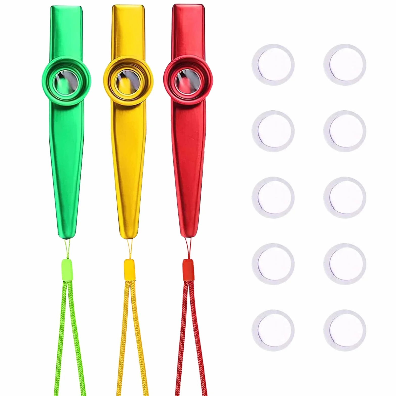 Kazoo metalowy instrument muzyczny, zestaw 10 membran fletowych i 3 smyczek, dla dzieci miłośników muzyki (złoty, czerwony, zielony) Butyeak