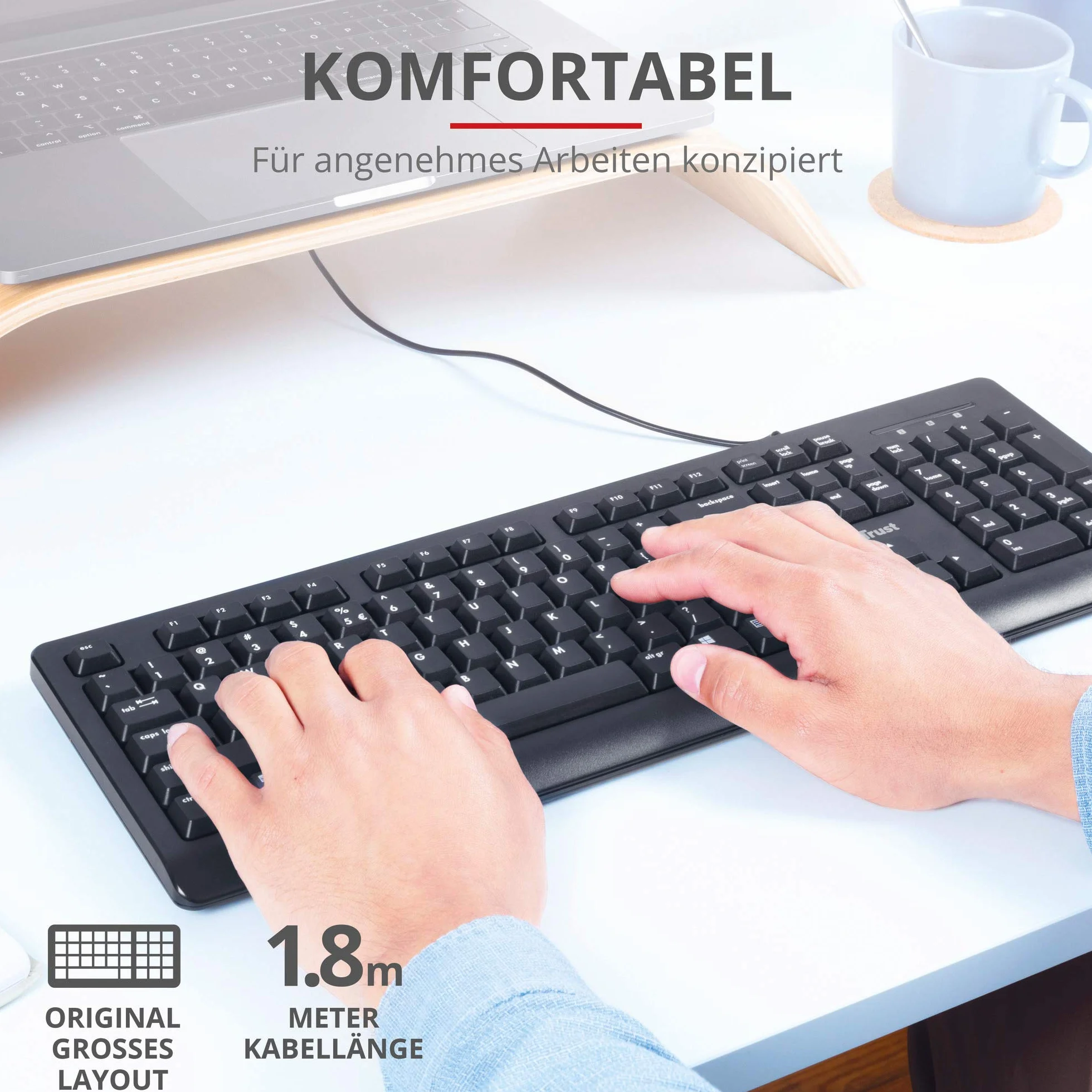 Trust Taro klawiatura przewodowa, niemiecki układ QWERTZ, ciche przyciski, ochrona przed rozbryzgami wody, port USB, kabel o długości 1,8 m, klawiatura do komputera, laptopa, Mac, Windows, macOS –