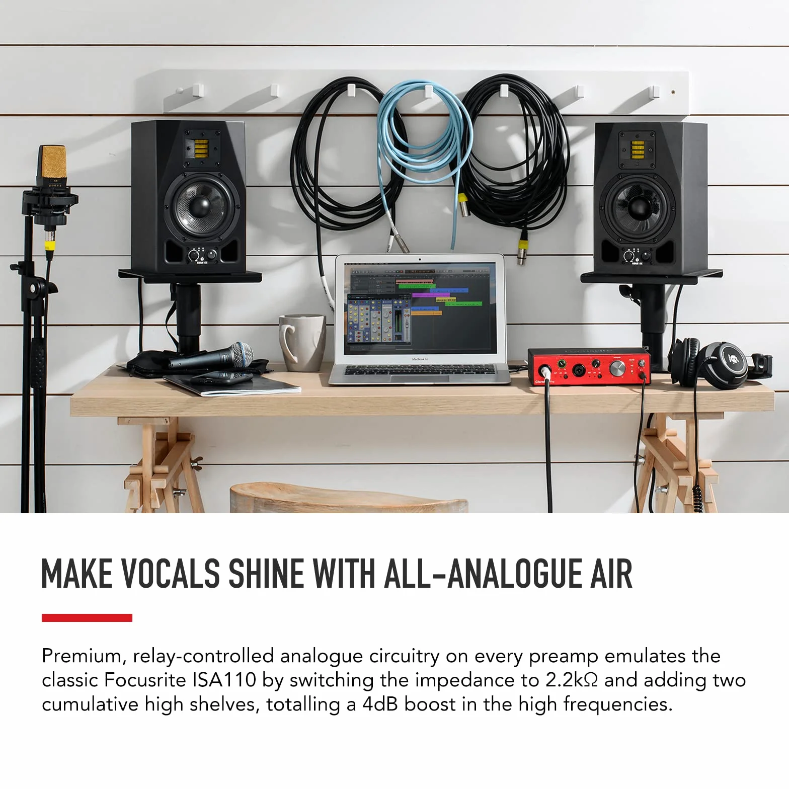 Interfejs audio Focusrite Clarett+ 2Pre zasilany USB-C do produkcji muzyki, z dwoma profesjonalnymi przedwzmacniaczami i wydajnymi wyjściami słuchawkowymi/instrumentami o wysokiej wierności