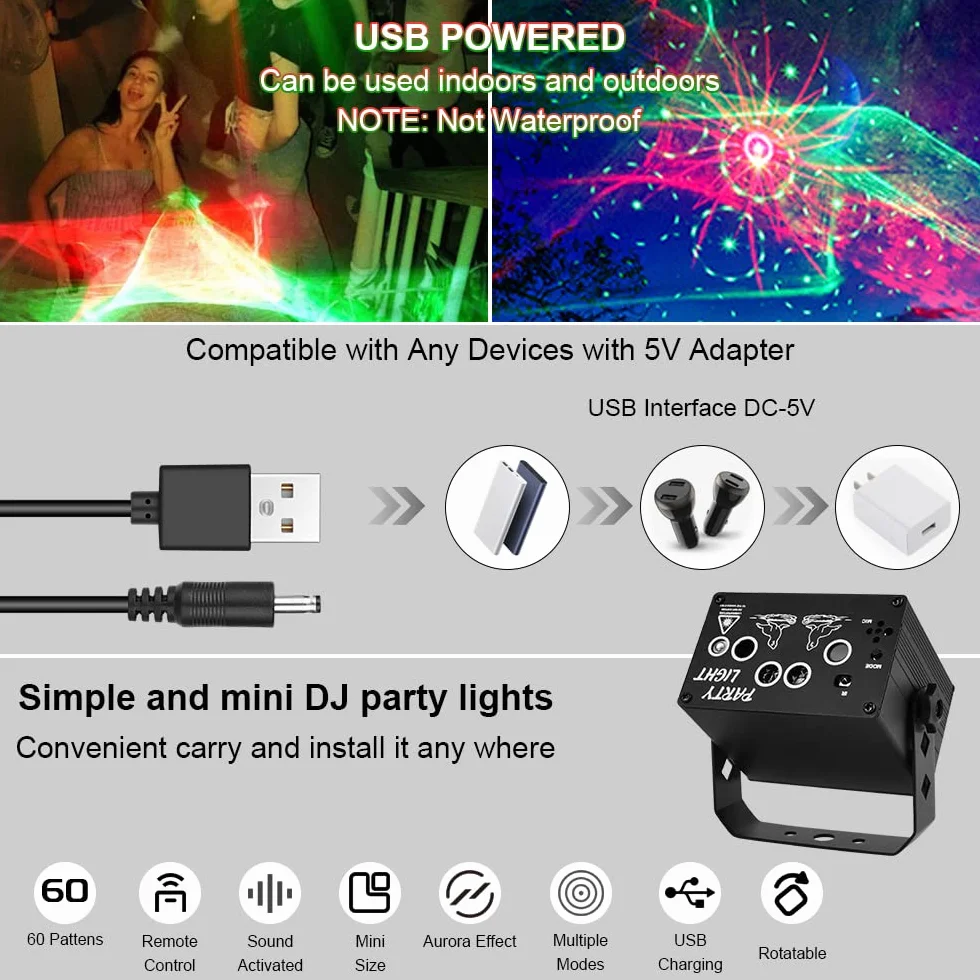 Uraqt Dyskoteka Światło, Światła Stroboskopowe Disco z Pilotem i Kablem USB, Party Disco Lights z 60 Różnymi Wzorami dla Efektów Scenicznych Party Birthday Karaoke