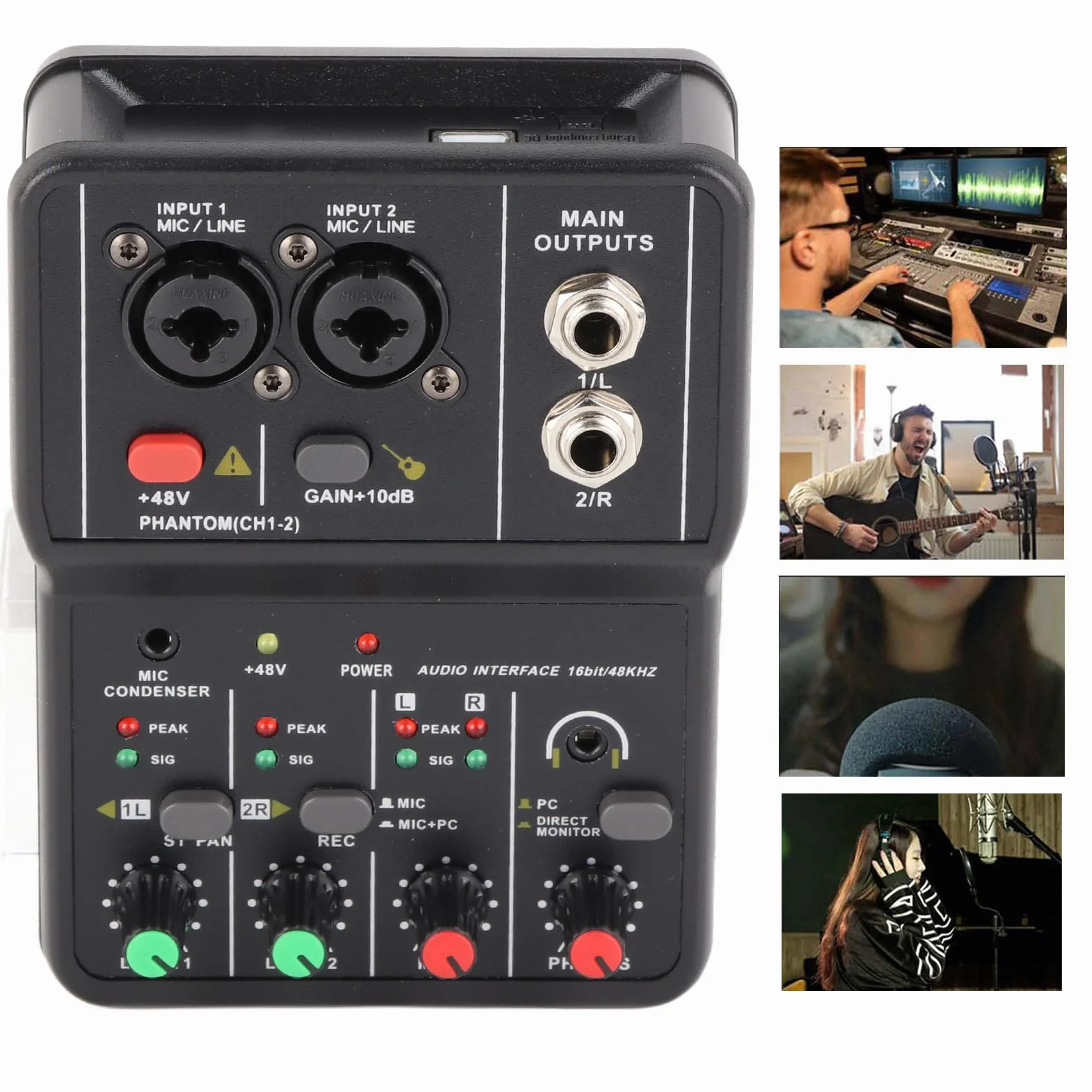Mini mikser audio, 2-kanałowy mikser USB 48 V system zasilania konsola kompaktowy dźwięk fantom karta dźwiękowa do nagrywania muzyki karaoke dom internet biznes kanały plaża