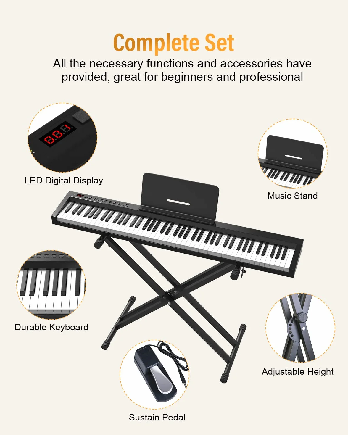 Pianino E, 88 klawiszy, cyfrowy fortepian z półważoną klawiaturą pełnowymiarową z funkcją MIDI i Bluetooth, w zestawie stojak na fortepian i Sustain – idealny dla dzieci do ćwiczeń w domu