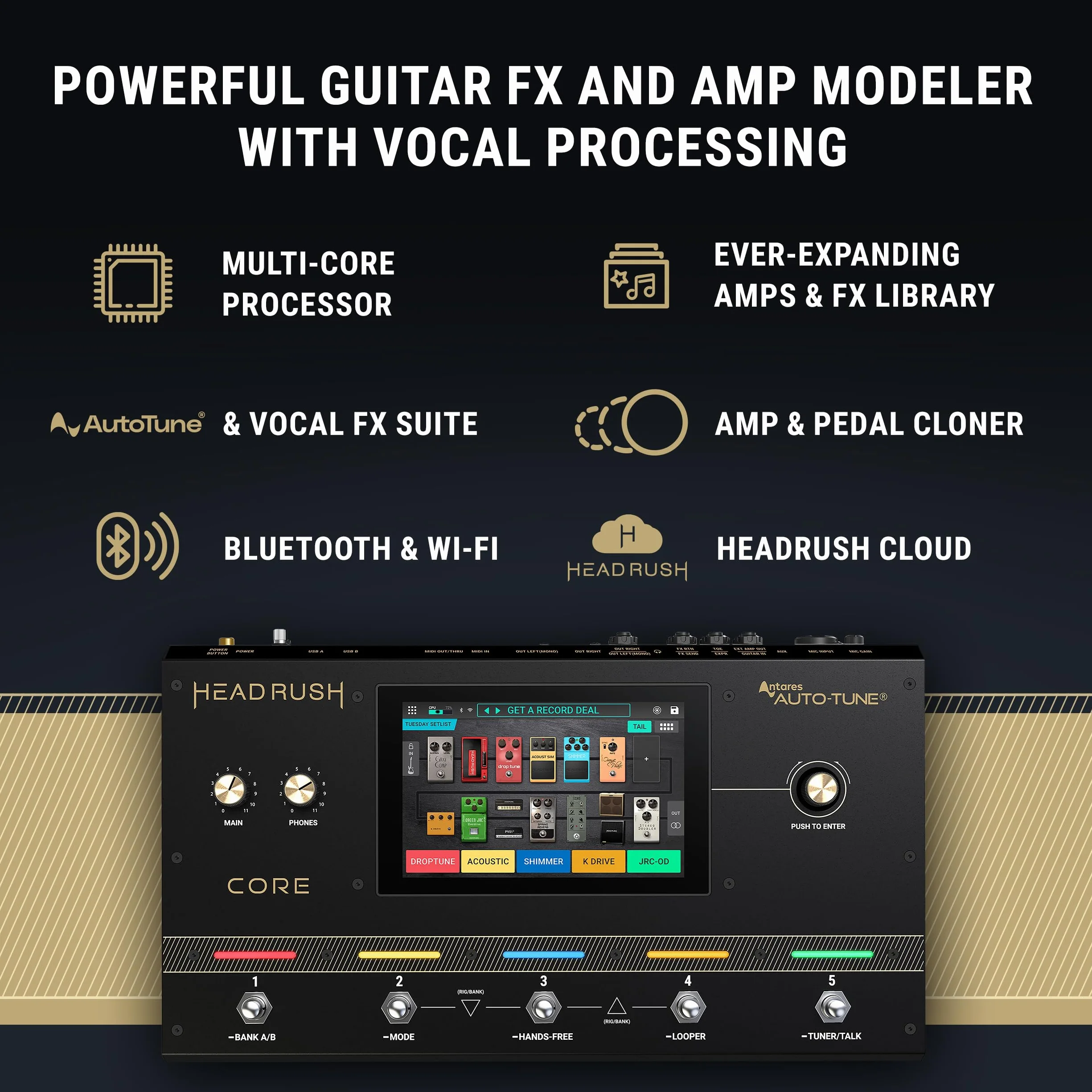 HeadRush Core Wielordzeniowy procesor gitarowy i wokalny z modelowaniem wzmacniaczy, looper, Auto-Tune, Wi-Fi, ekran dotykowy, Bluetooth