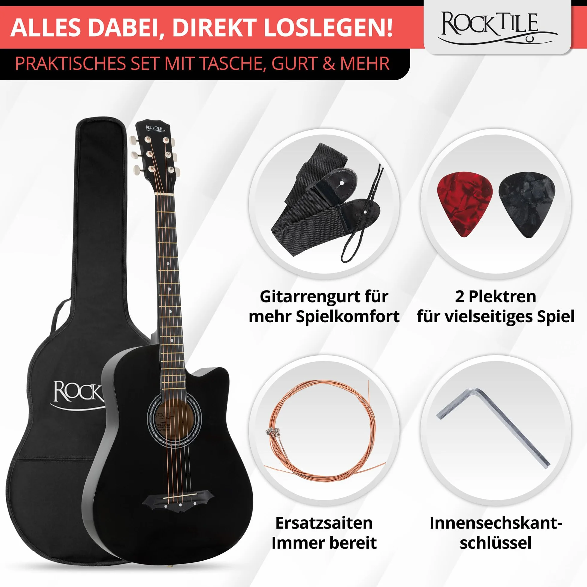 Rocktile WSD-5C-BK Slim Line zestaw gitar westernowych, gitara akustyczna Dreadnought - gitara westernowa z korpusem z lipy - szyja: Catalpa - zestaw z torbą, strunami zapasowymi, paskiem i kostkami