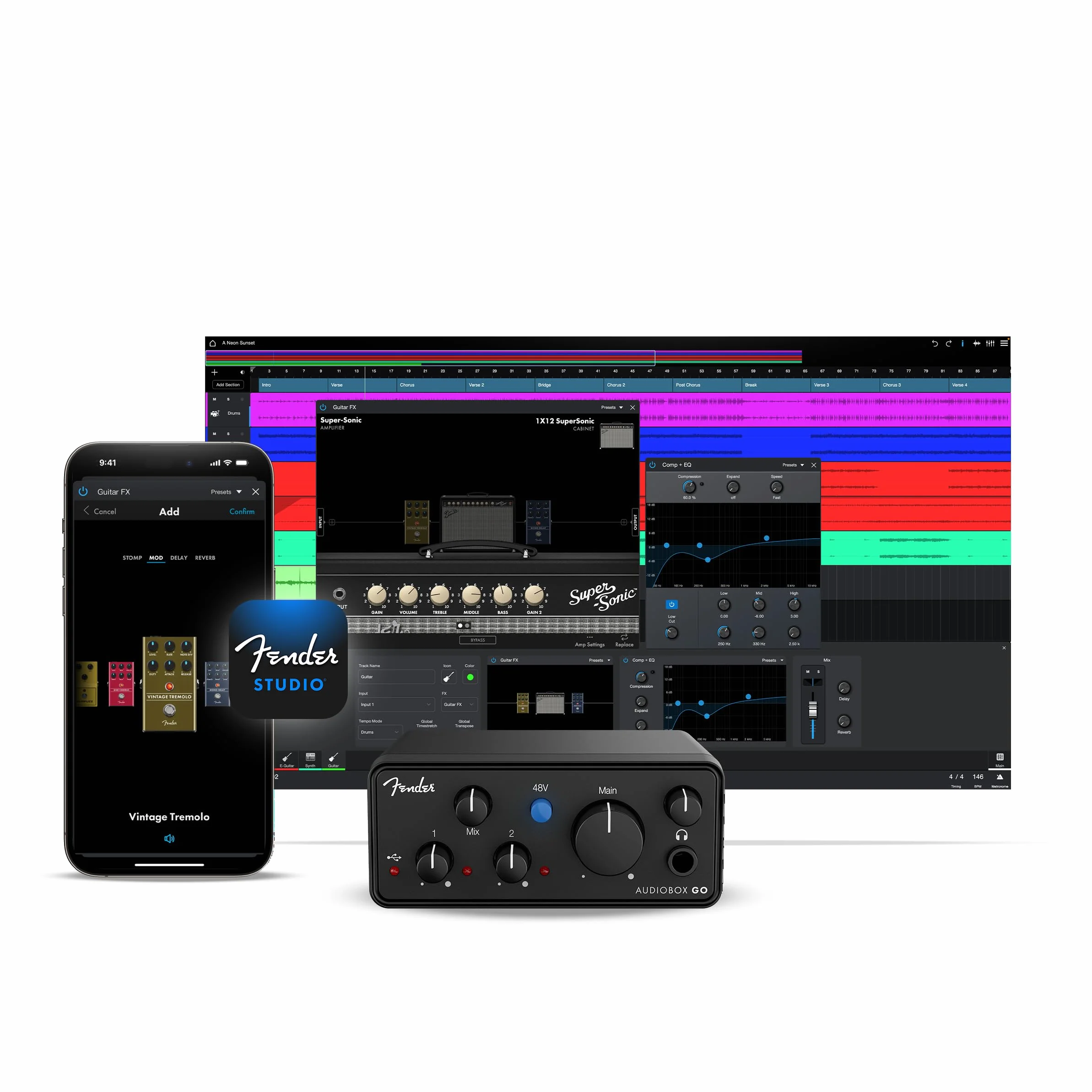 Fender AudioBox GO 2x2 USB-C Audio Interface 24-bit/96 kHz XLR Mic/Line TS Instrument Input Zero-Latency Headphone Monitoring