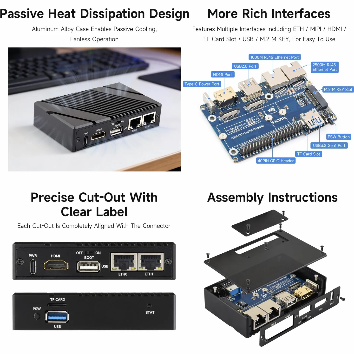 Waveshare CM5-DUAL-ETH-BOX-B, Gigabit/2.5G Dual Ethernet Mini-Computer (B) Based On Pi CM5(NOT Included), Dual RJ45 Ethernet Ports, Support 4K Display Output & Dual MIPI Interfaces