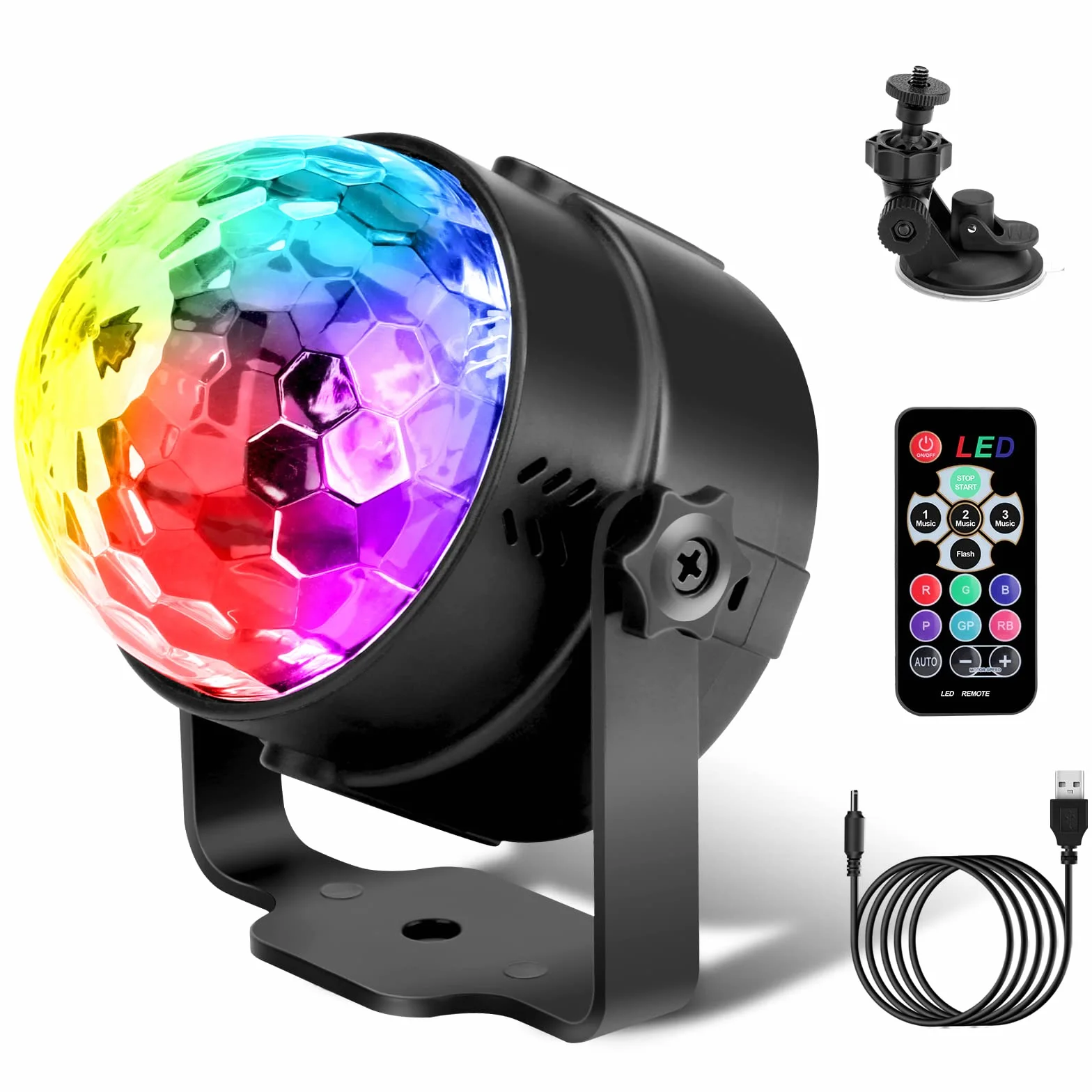 LED Disco Ball Disco, fasetowana kula 3 tryby muzyki, lampa błyskowa z pilotem i kablem USB 4M, obracany 360° lampa disco na imprezę, Boże Narodzenie, bar, klub, DJ, prezent dla dzieci, urodziny