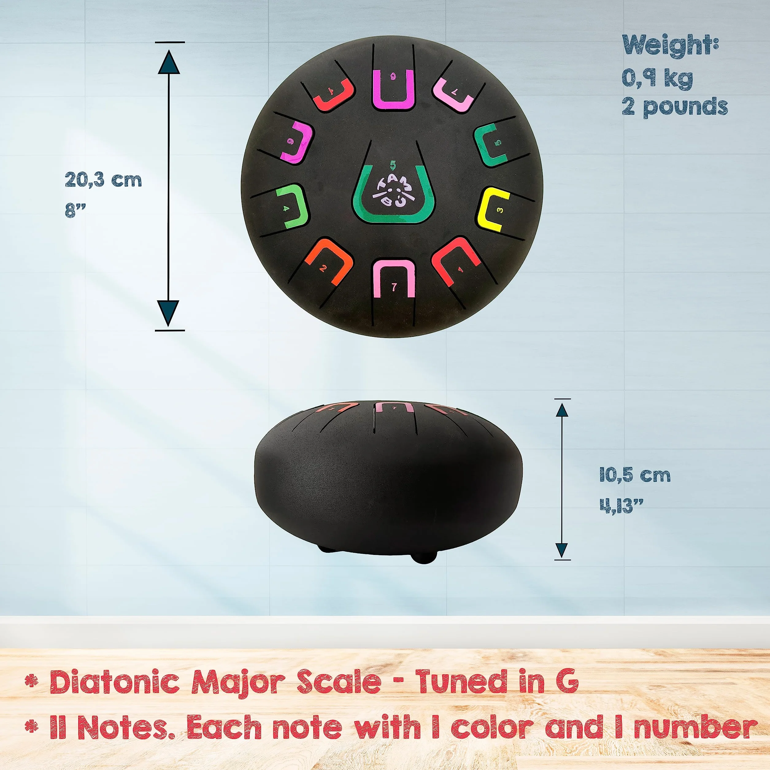 Stalowy bęben językowy tambu, 20 cm, 11 dźwięków, handpan, metalowy instrument perkusyjny, matowy czarny