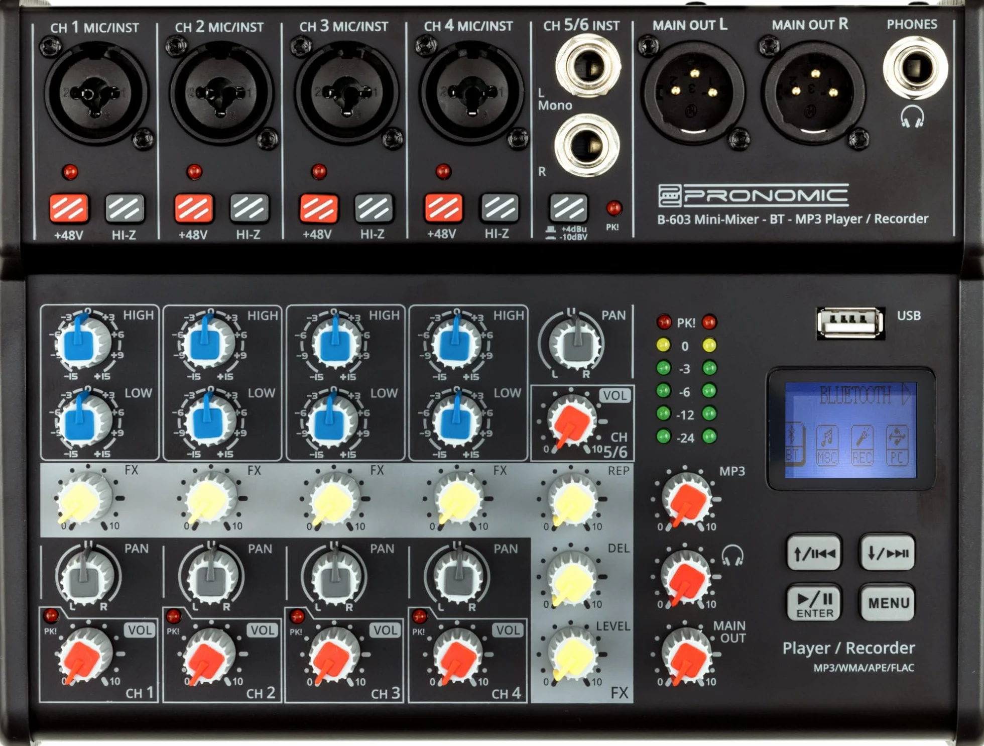 Pronomic B-603 mini mikser z Bluetooth® i USB Recording – kompaktowy 6-kanałowy mikser – 4 kanały z gniazdami combo, zasilaniem fantomowym i przełącznikiem Hi-Z – port USB – główne wyjścia w formacie