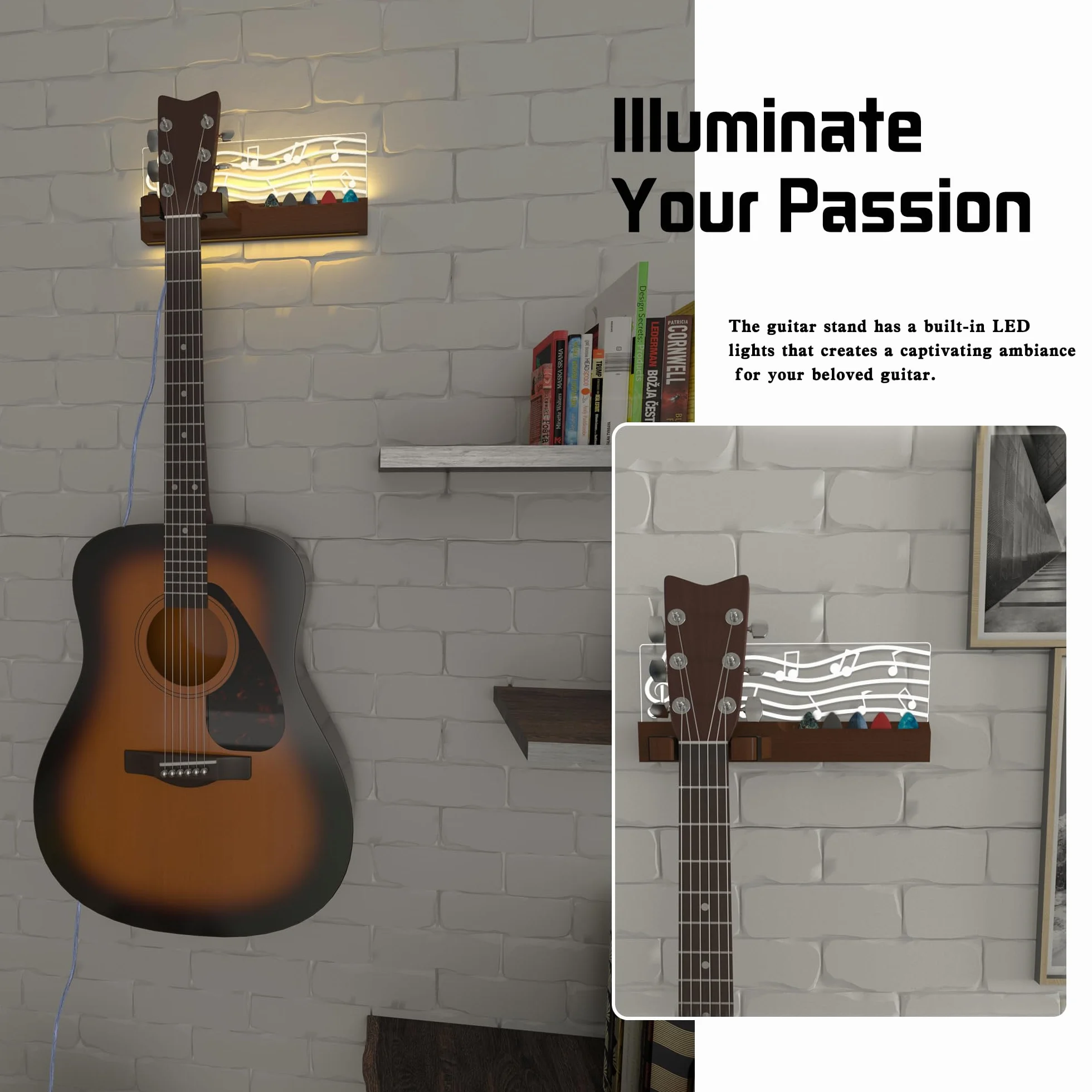 YuanDian Podświetlany uchwyt ścienny do gitary z uchwytem na kostkę, drewniany wieszak na gitarę, zasilany przez USB, do akustyki, elektrycznego, basu, ukulele, wyświetlania mandoliny i