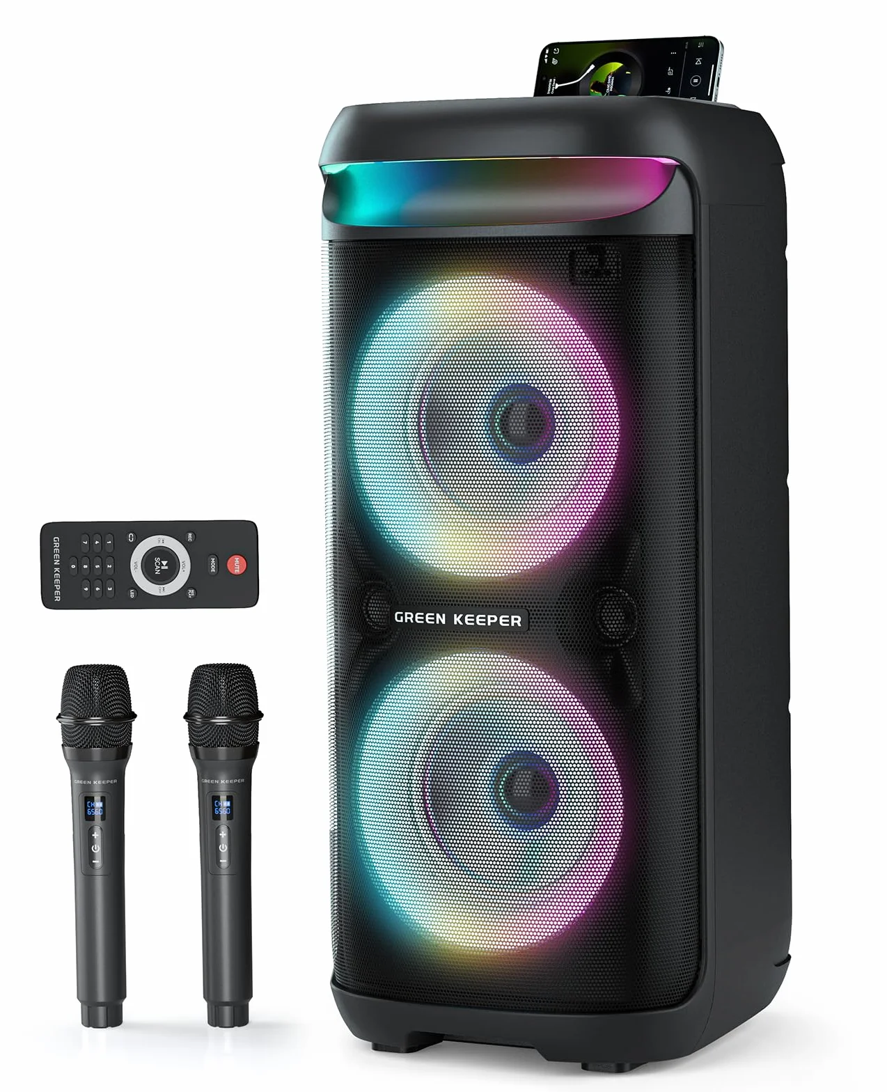 GKD60 Karaoke Box dla Dorosłych z 2 Mikrofonami Bezprzewodowymi, Przenośny Bluetooth Głośnik na Imprezę, System Audio 500W Mocy Szczytowej z LED, USB/TF/AUX, Idealny na Imprezę na Świeżym Powietrzu