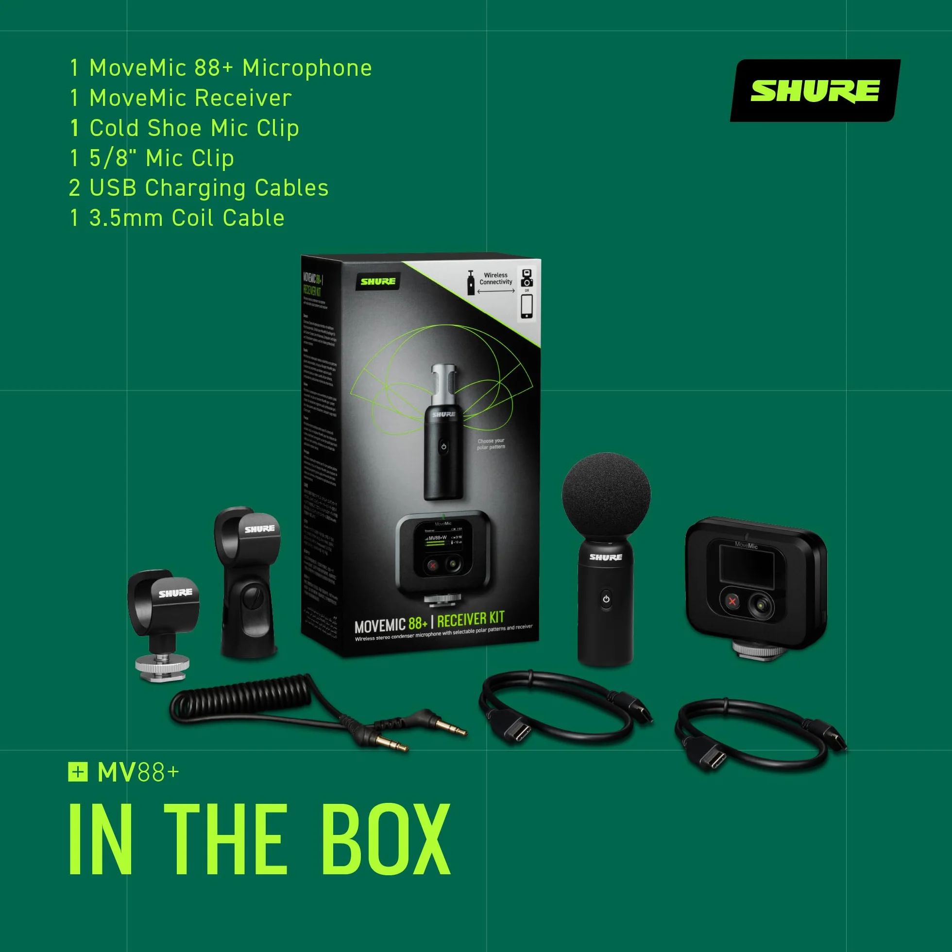 Shure Zestaw Bezprzewodowy mikrofon MoveMic 88+ - pro rejestrator dźwięku do nagrywania filmów/wywiadów w terenie | kompatybilny z iOS/Android za pośrednictwem aplikacji MOTIV (MV88+W-KIT-Z6)