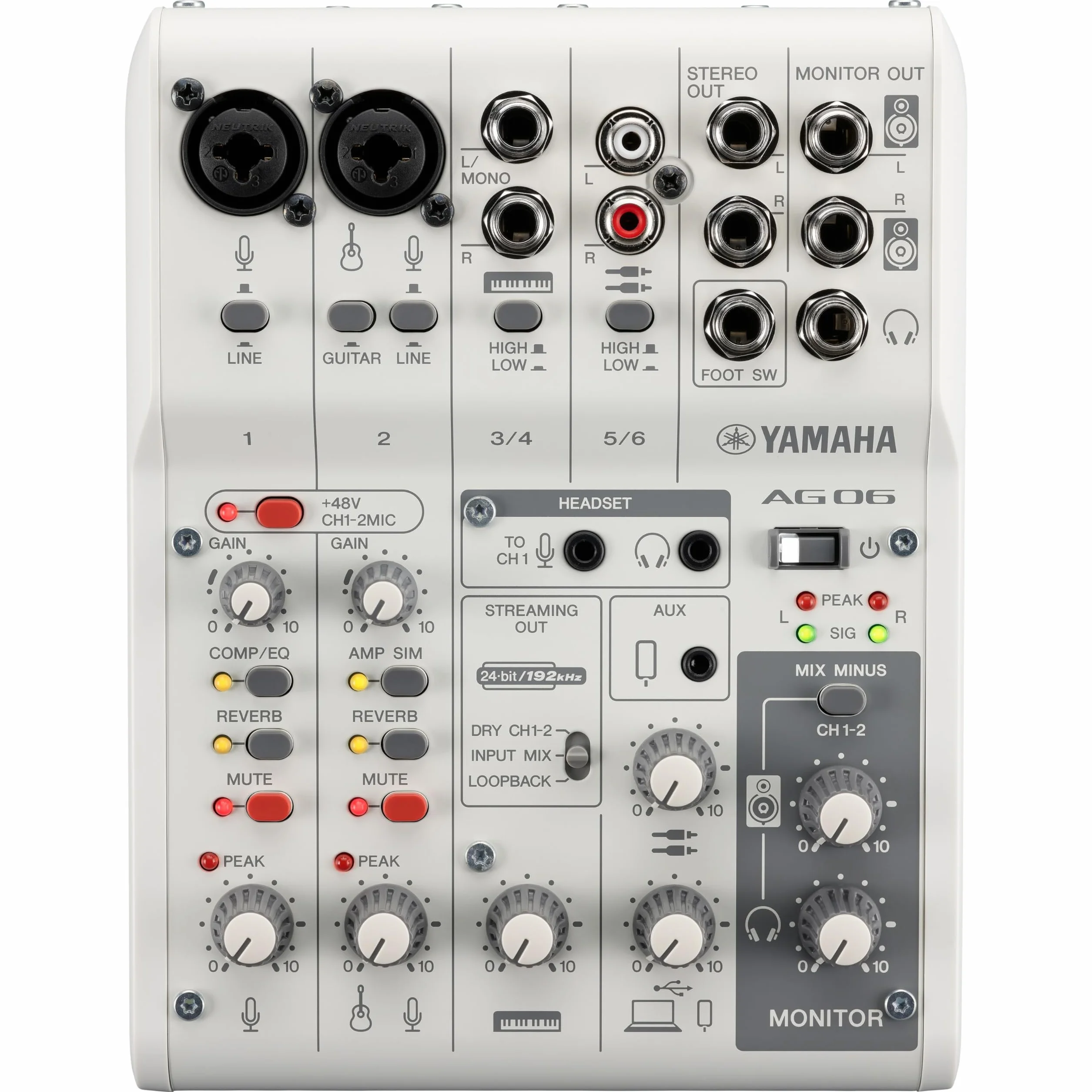 Yamaha AG06MK2 6-kanałowy mikser do streamingu na żywo z interfejsem audio USB – do Windows, Mac, iOS i Android – w kolorze białym