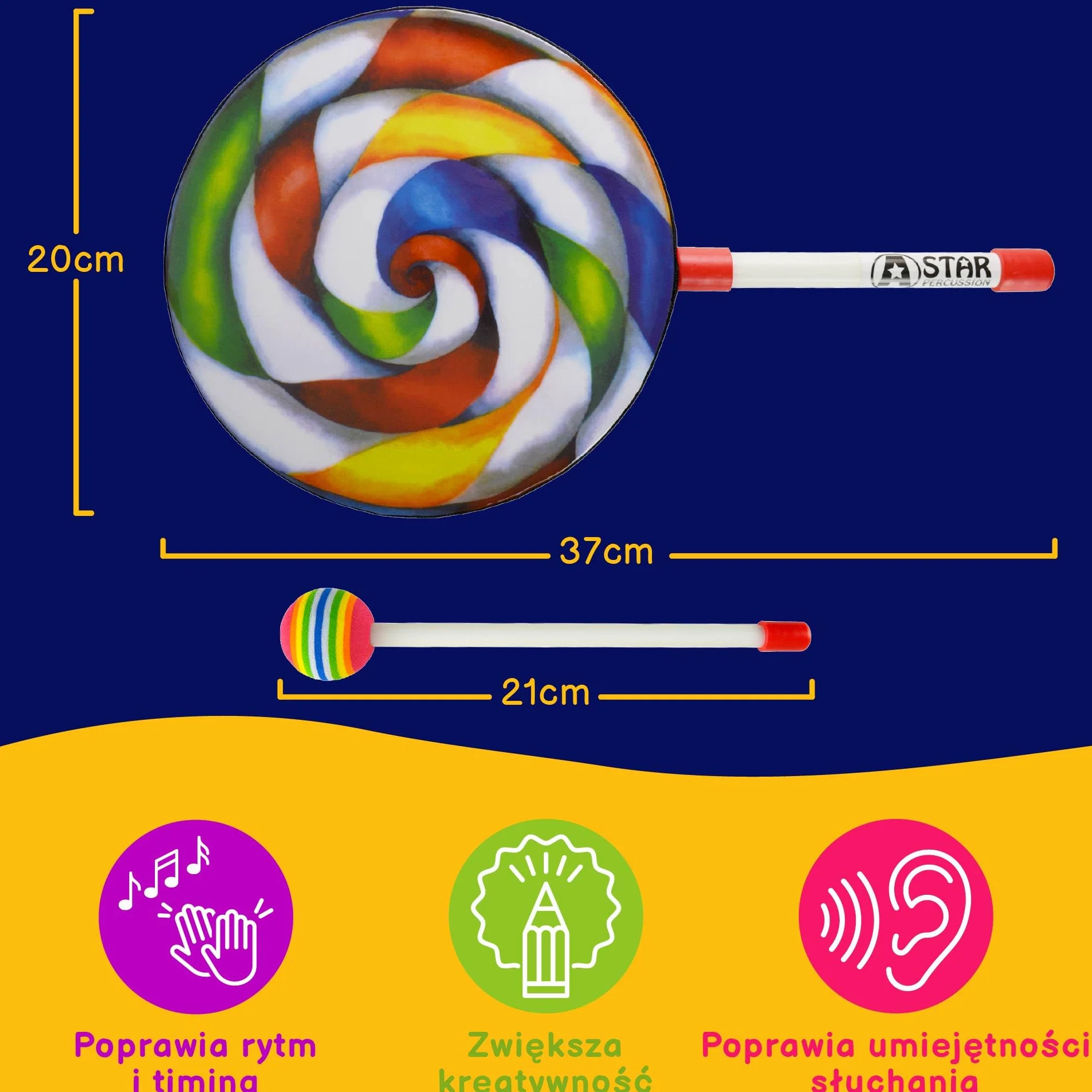 A-Star 8-calowy bęben ręczny Lollipop z plastikowym miękkim ubijakiem - 20 cm tęczowy bęben