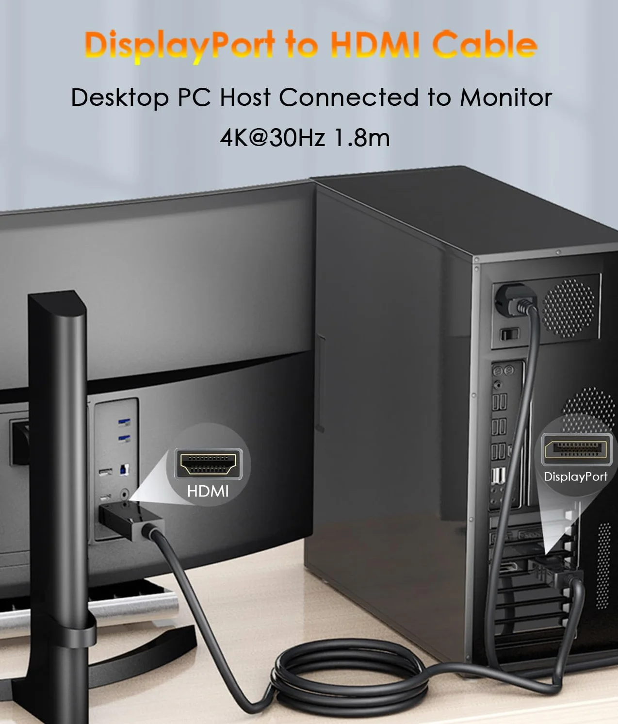 Kabel DisplayPort do HDMI 1,8 m, Adapter Kabel DP do HDMI 4K, Kabel jednokierunkowy DP 1.2 - HDMI1.4 Kompatybilny z monitorem, telewizorem, projektorem, laptopem Dell, HP i więcej