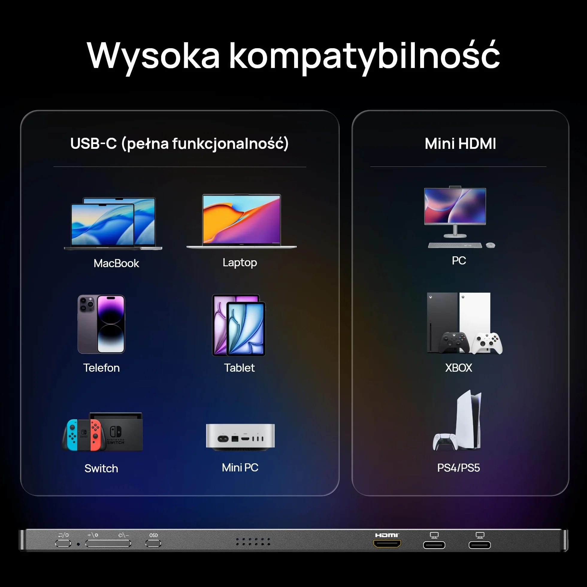 ARZOPA 16" Przenośny Monitor 2.5K | Matryca IPS 123% sRGB 400 Nit | Ekran do Pracy 16:10 do Laptopa, Mac, PC, Telefon | USB-C i HDMI - Z1RC