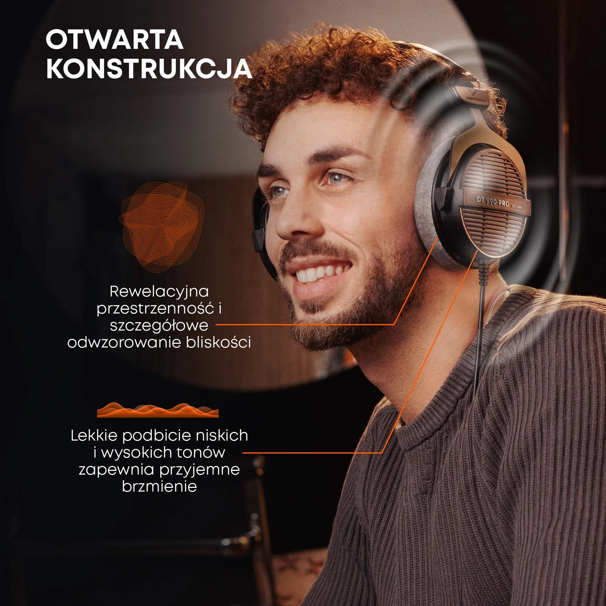 beyerdynamic DT 990 PRO Limitowana edycja w kolorze czarnym 250 Ohm. Jednostronne, przewodowe słuchawki studyjne nauszne do miksowania, masteringu i edycji. Ręcznie wykonane w Niemczech.