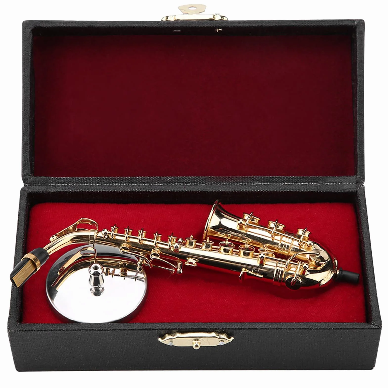 Miniaturowa replika saksofonu altowego ze stojakiem i etui Pozłacane ozdoby modelu instrumentu premium Mini model instrumentu muzycznego Pozłacane ozdoby muzyczne