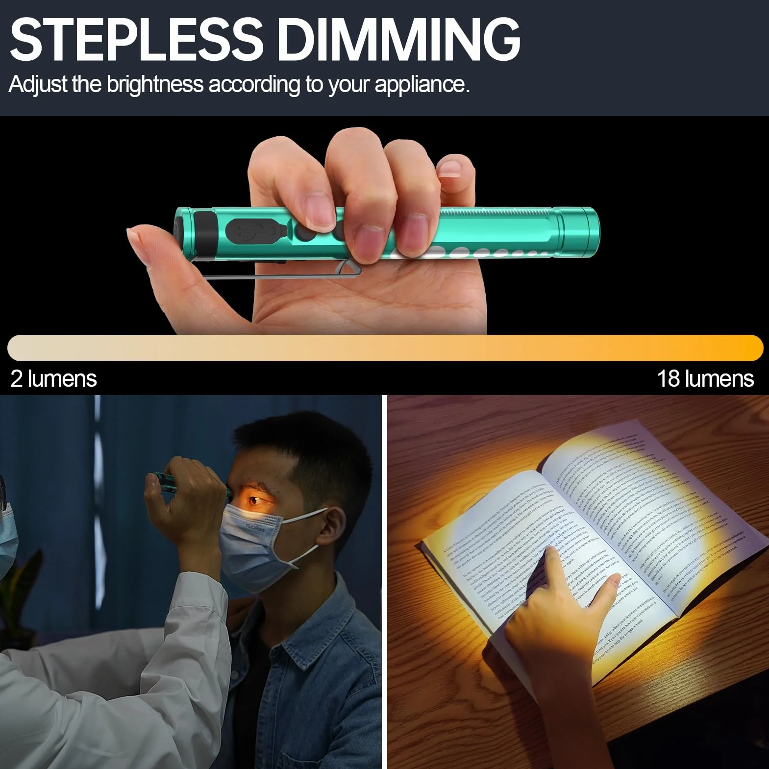 Lampa diagnostyczna, medyczna lampa źrenicy LED, z kablem USB, ciepła / zimna biel i bezstopniowe ściemnianie, przenośna, aluminiowa, medyczna lampa źrenicy z klipsem (Mars Green)