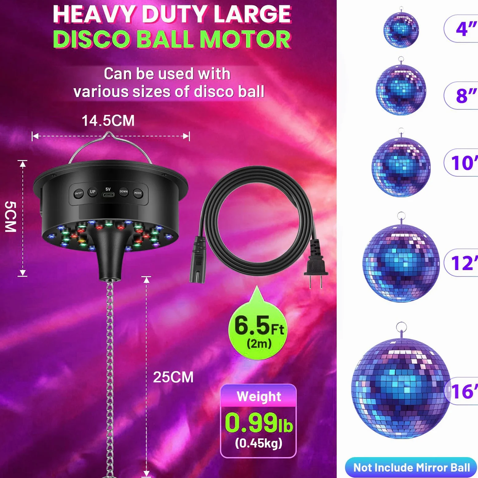 Silnik z kulką dyskotekową z pilotem zdalnego sterowania, regulowana prędkość obrotowa 3-15 obr./min, 30 diod RGB LED, bateria/USB-C/kabel, do kulek lustrzanych 10-40 cm – oświetlenie na
