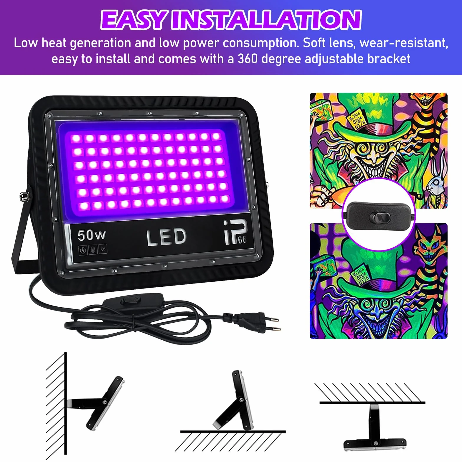 2 sztuki reflektorów UV LED z czarnym światłem 50 W, reflektor LED UV, wodoszczelny, czarne światło, światło UV z przełącznikiem, nadaje się na imprezy, oświetlenie sceniczne, malowanie ciała, wystawy