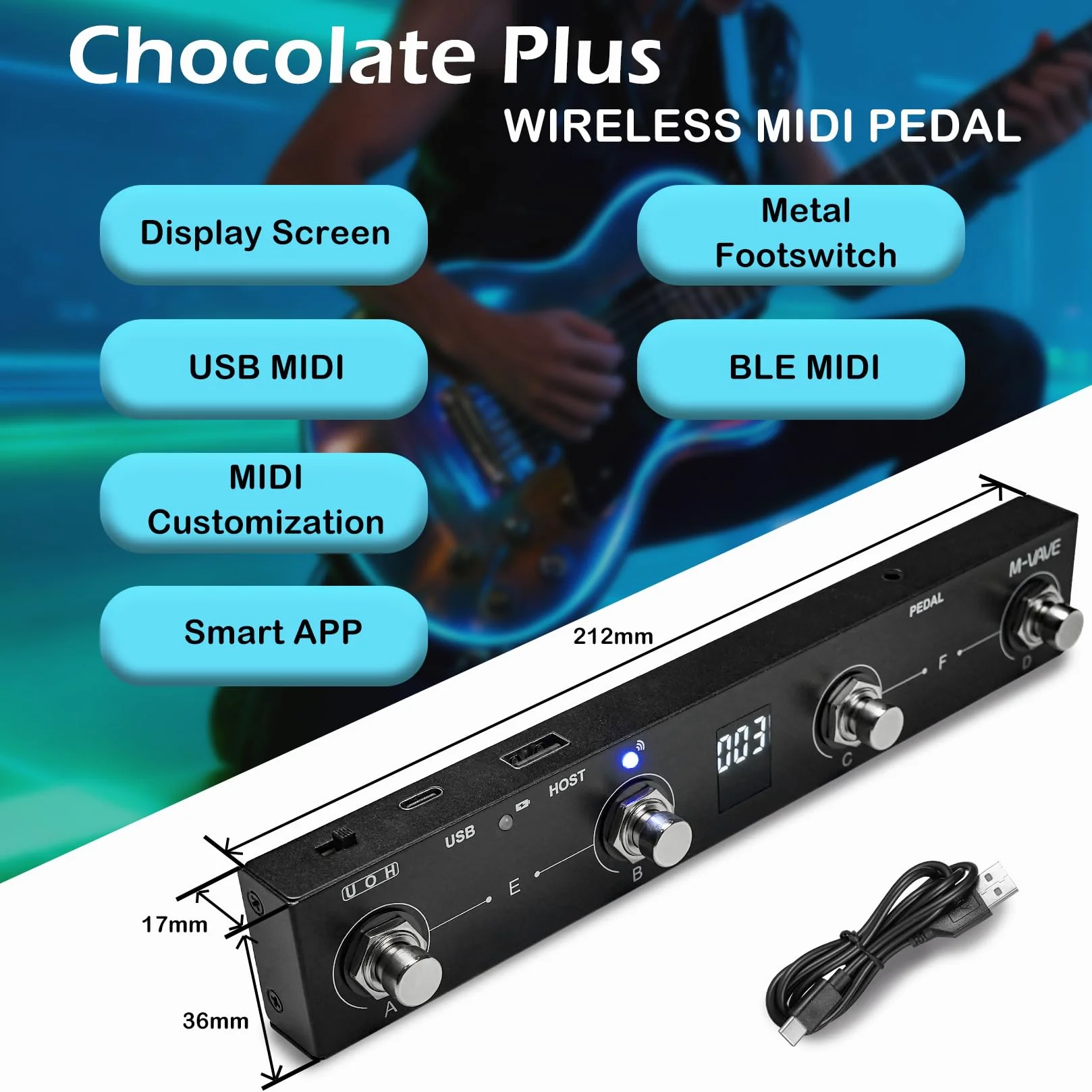 M-VAVE Chocolate Plus Wireless MIDI przełącznik nożny, 4 przyciski, możliwość ponownego ładowania, sterowanie za pomocą aplikacji