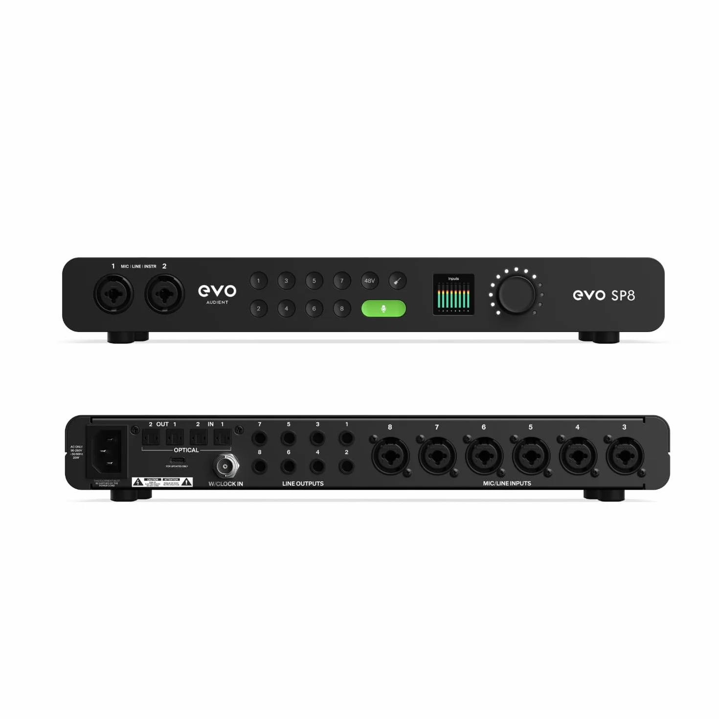 Audient EVO SP8, studio przedwzmacniacz ekspandera, osiem przedwzmacniaczy EVO, 8 przedwzmacniaczy mikrofonowych EVO ze Smartgain, przedwzmacniacz mikrofonowy, czarny