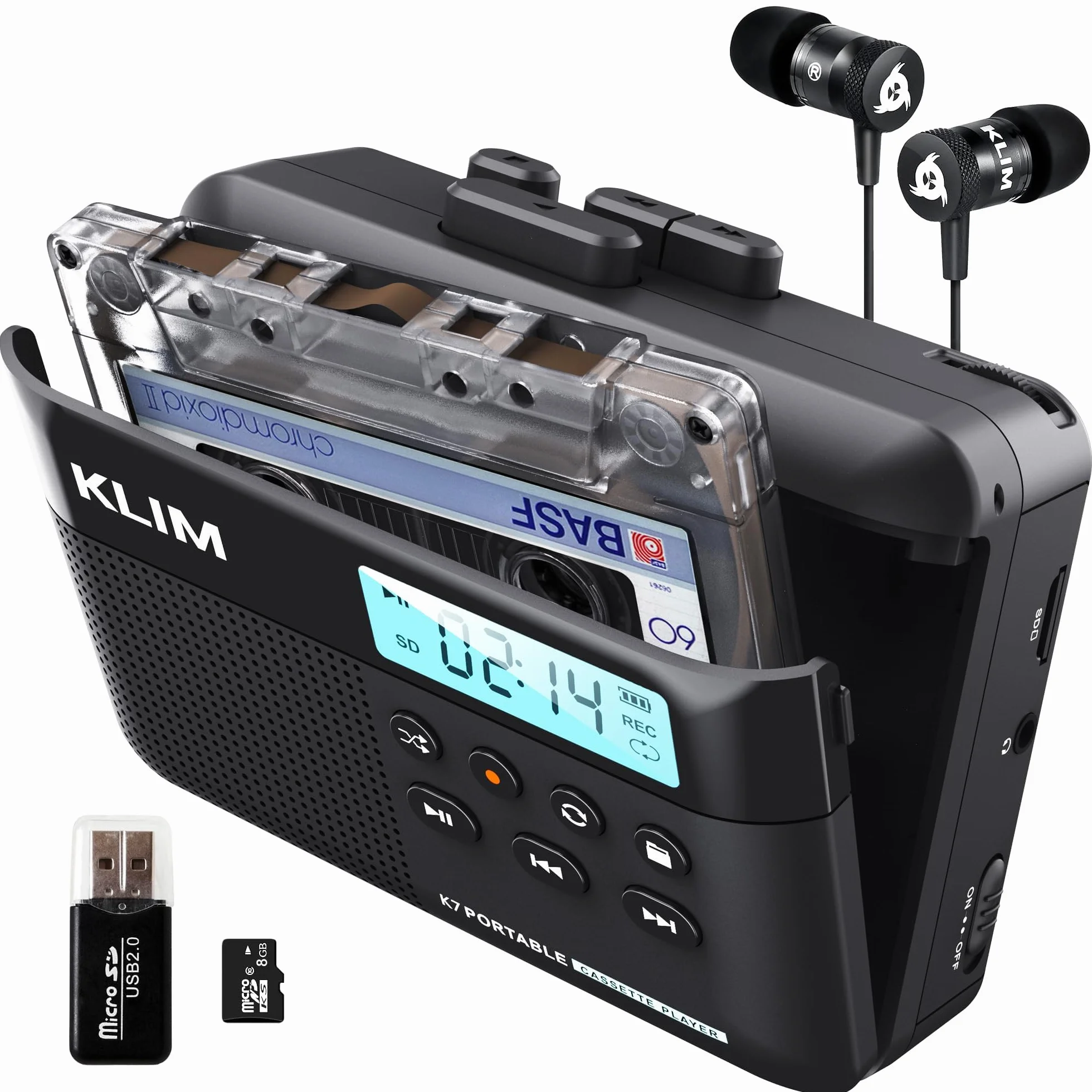 Odtwarzacz kasetowy Walkman KLIM K7 - odtwarzacz kasetowy - konwerter kasety audio na MP3 - wbudowany mikrofon i głośnik - akumulator - słuchawki - karta SD 8 GB