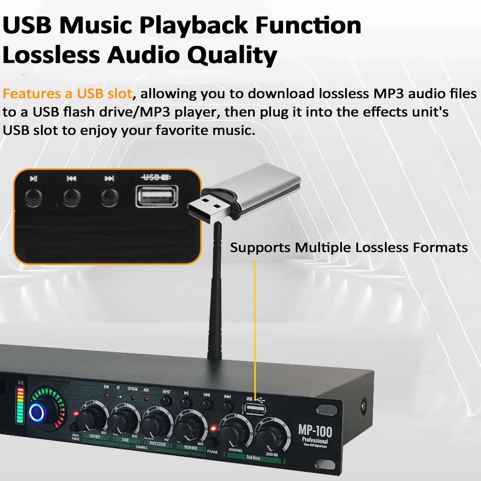 Jednostka efektów przedwzmacniacza, cyfrowy procesor audio, inteligentna ochrona przed wyciem, gniazdo USB, Bluetooth 5.0, obsługuje wiele bezstratnych formatów, idealny do występów scenicznych