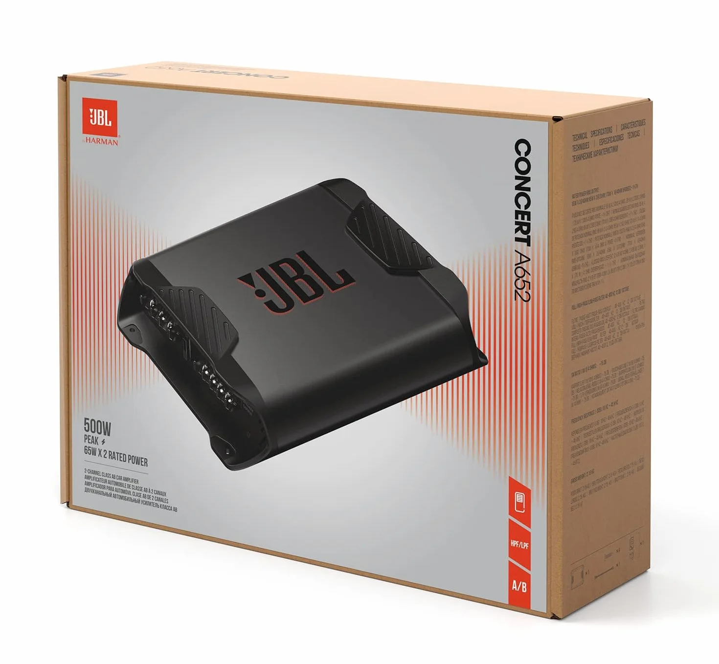 JBL Koncert A652 2-kanałowy wzmacniacz samochodowy klasy AB - wzmacniacz mocy samochodu z 2 x 65 W RMS - 2 lub 1 kanał: 500 W szczyt dla 2 głośników samochodowych lub 1 subwoofera z 170 W RMS