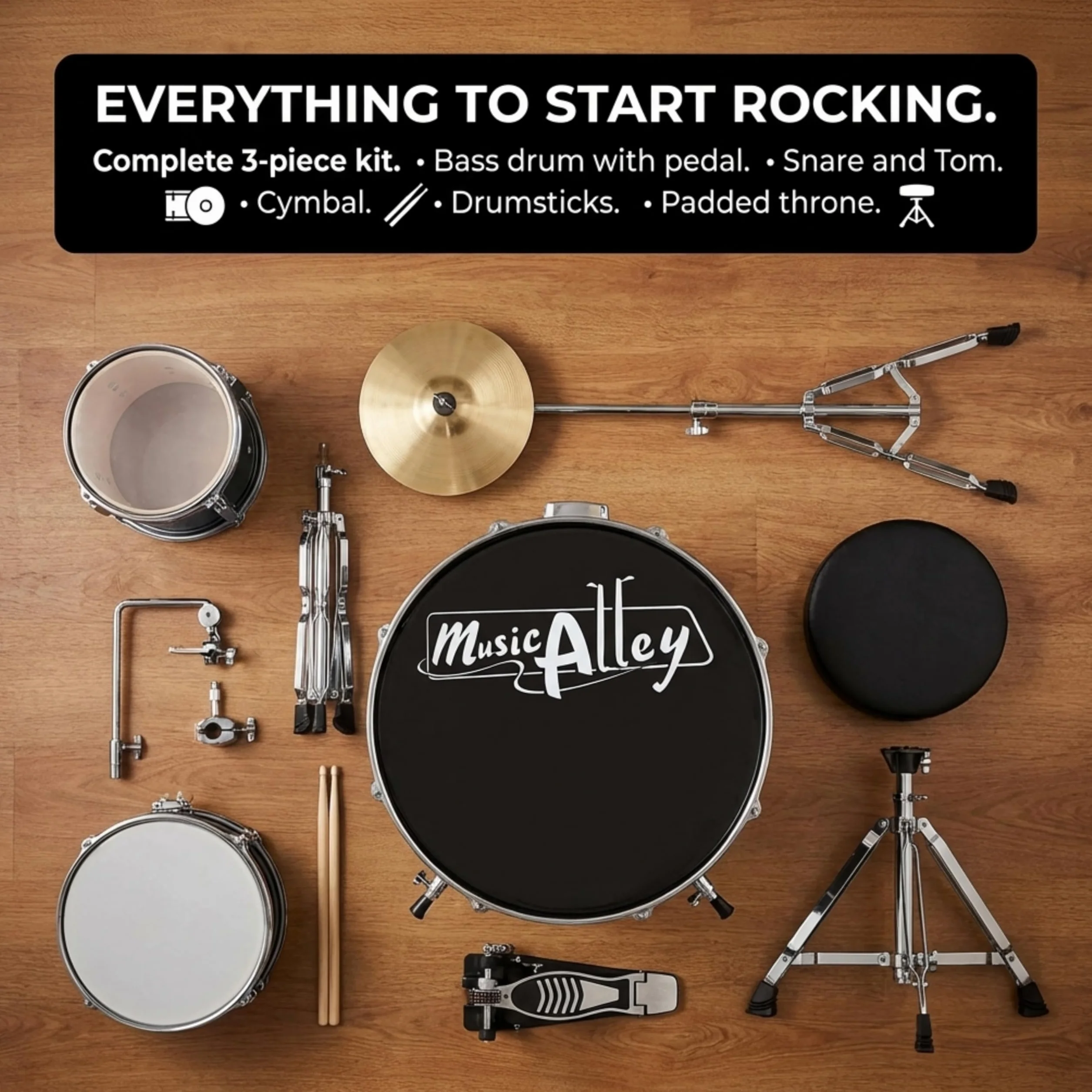 Music Alley Junior zestaw perkusyjny dla dzieci z pedałem bębna, stołkiem perkusyjnym i pałeczkami, Niebieski