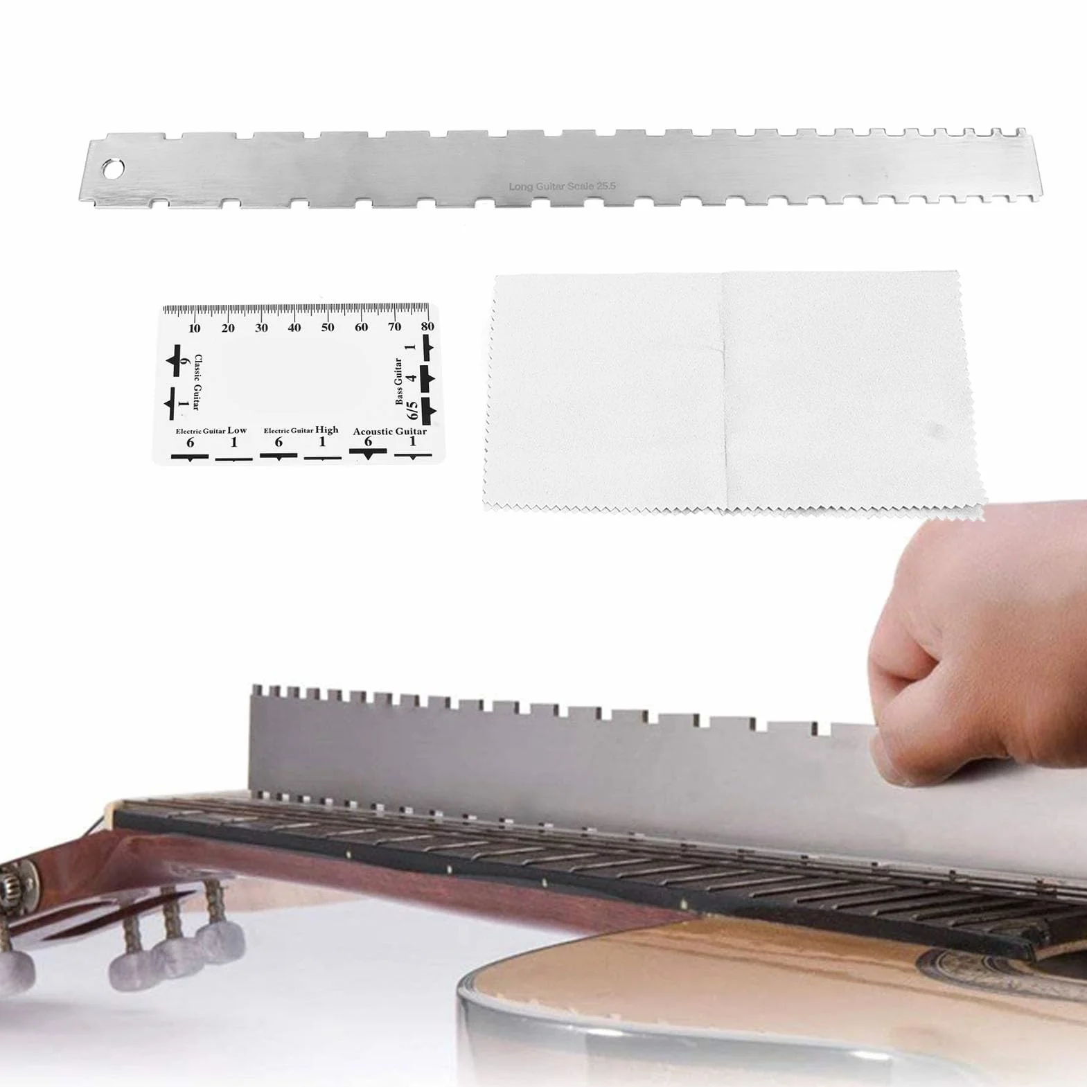 Zestaw Linijek Gitarowych Linijka do Gryfu Gitary ze Stali Nierdzewnej Dokładna Linijka Miernicza ze ściereczką do Czyszczenia dla Producentów Gitar