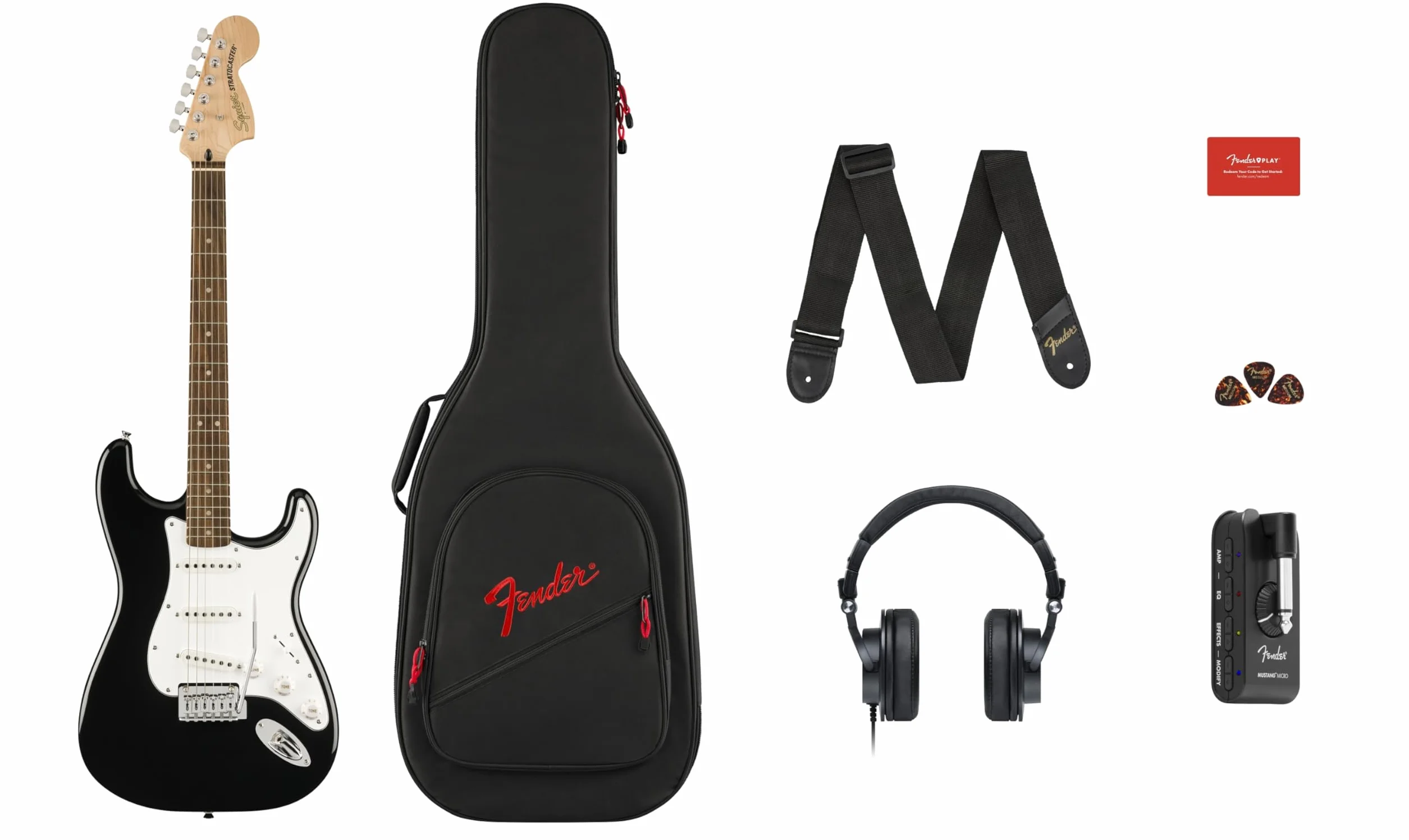 Squier by Fender Affinity Series™ Stratocaster® gitara elektryczna i mikropakiet Mustang™ w kolorze czarnym. Zawiera torbę na koncert, pasek, słuchawki, kostki i bezpłatną 3-miesięczną subskrypcję