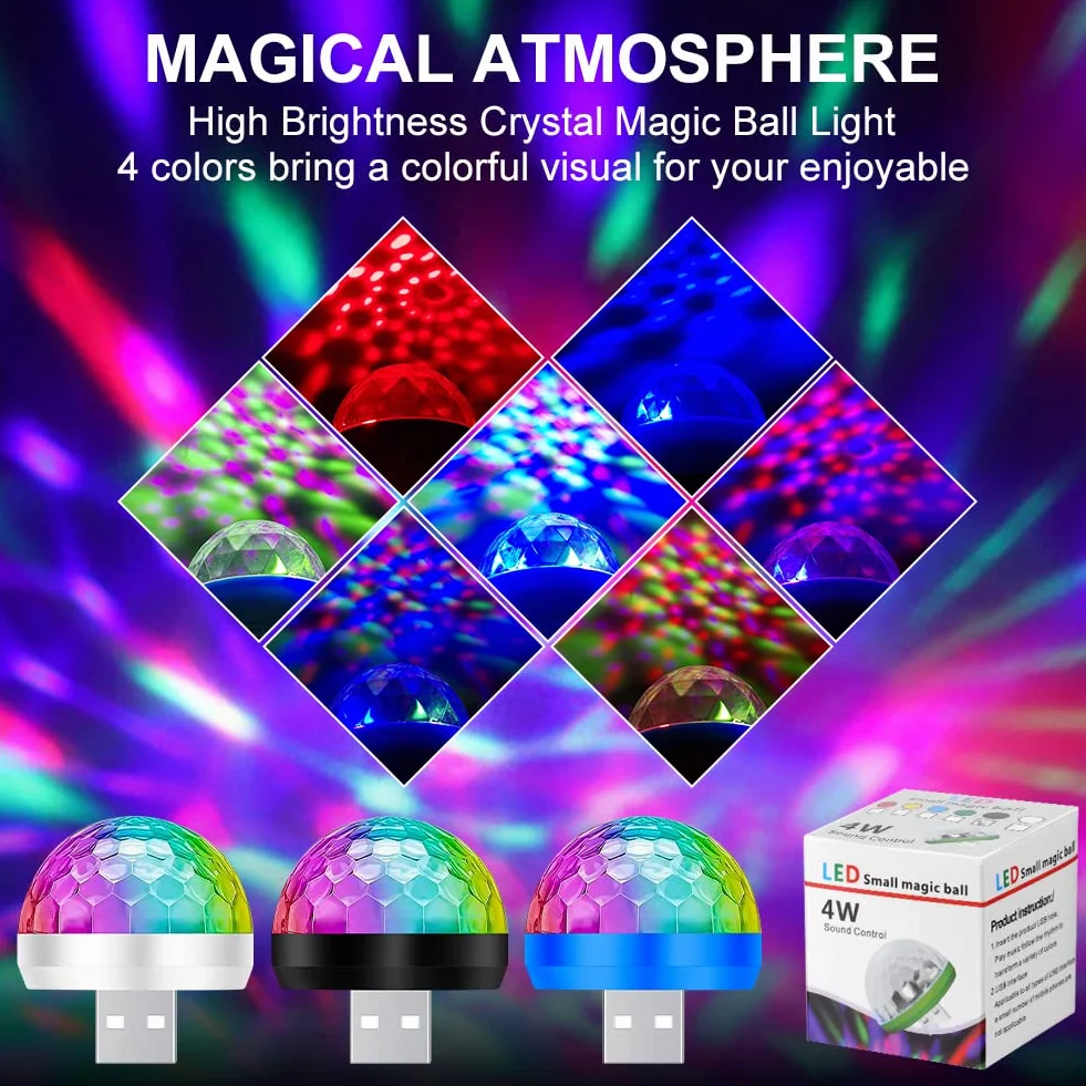 URAQT USB Disco Lights, 3 szt. Mini Disco Ball Lights, wielokolorowe LED nastrojowe światła samochodowe, lampa RGB Disco, z 3 adapterami, odpowiednie na imprezę, klub, urodziny, karaoke