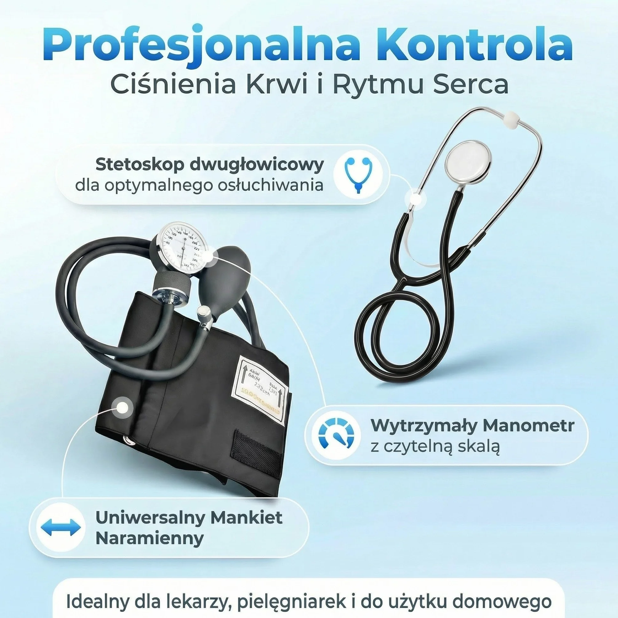 Aneroidalny Sfigmomanometr Ciśnieniomierz z Dwugłowicowym Stetoskopem | Pompką | Manometrem | Mankietem | Torba dla Karetki | Lekarza | Praktyki | Instrukcja Obsługi | Czarny