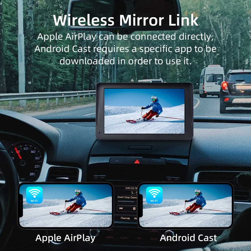 Bezprzewodowy CarPlay i Android Auto, 7-calowy Wyświetlacz Carplay z Kamerą Przednią 2K, Kamera Cofania 1080P, Bluetooth, Mirror Link, FM, AUX, Karta TF