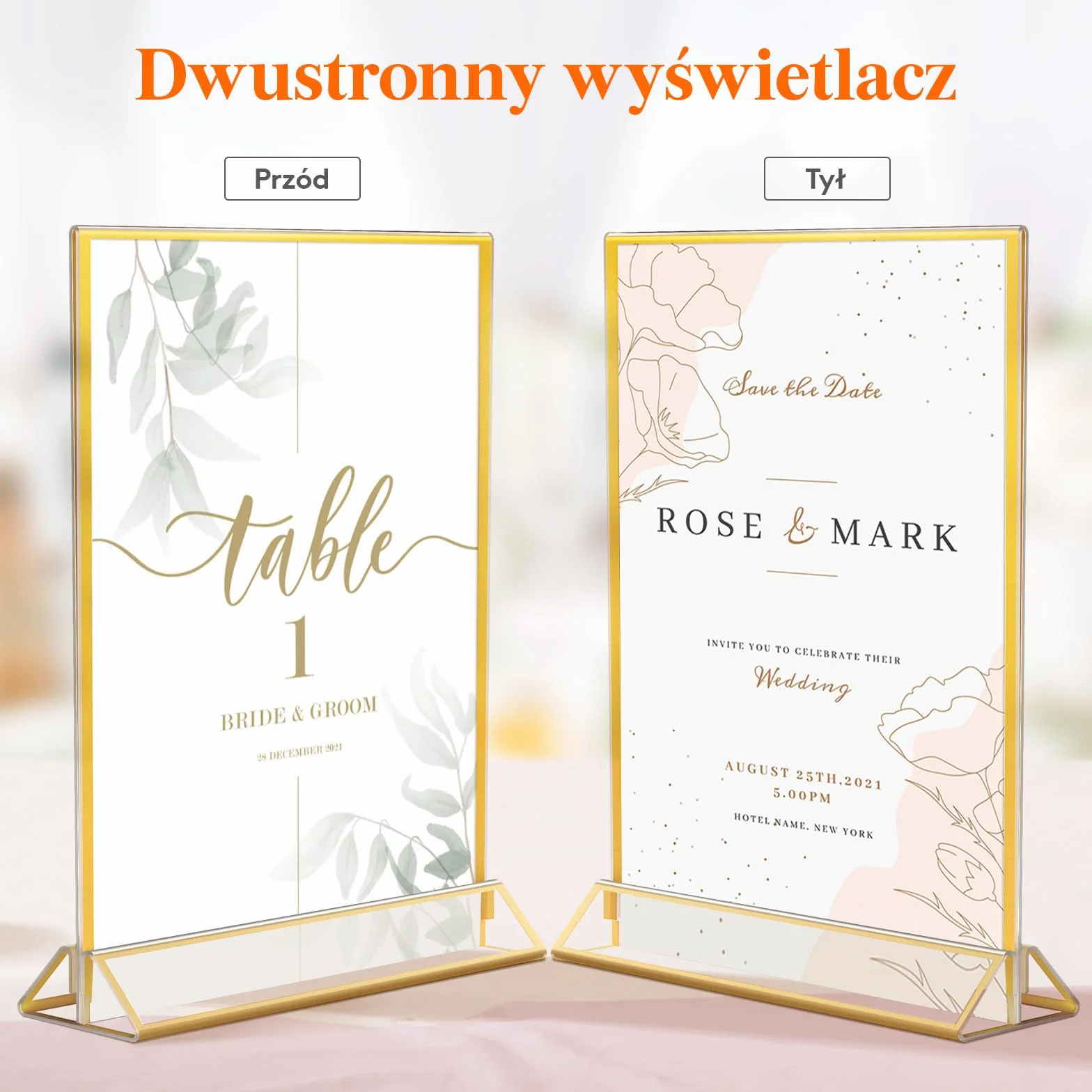 Lifewit 6-częściowy akrylowy uchwyt na znak A5 ze złotymi ramkami, przezroczysty pionowy dwustronny stojak, uchwyty na menu, uchwyty na numer stołu, ramki na zdjęcia na wesele, imprezę, restaurację