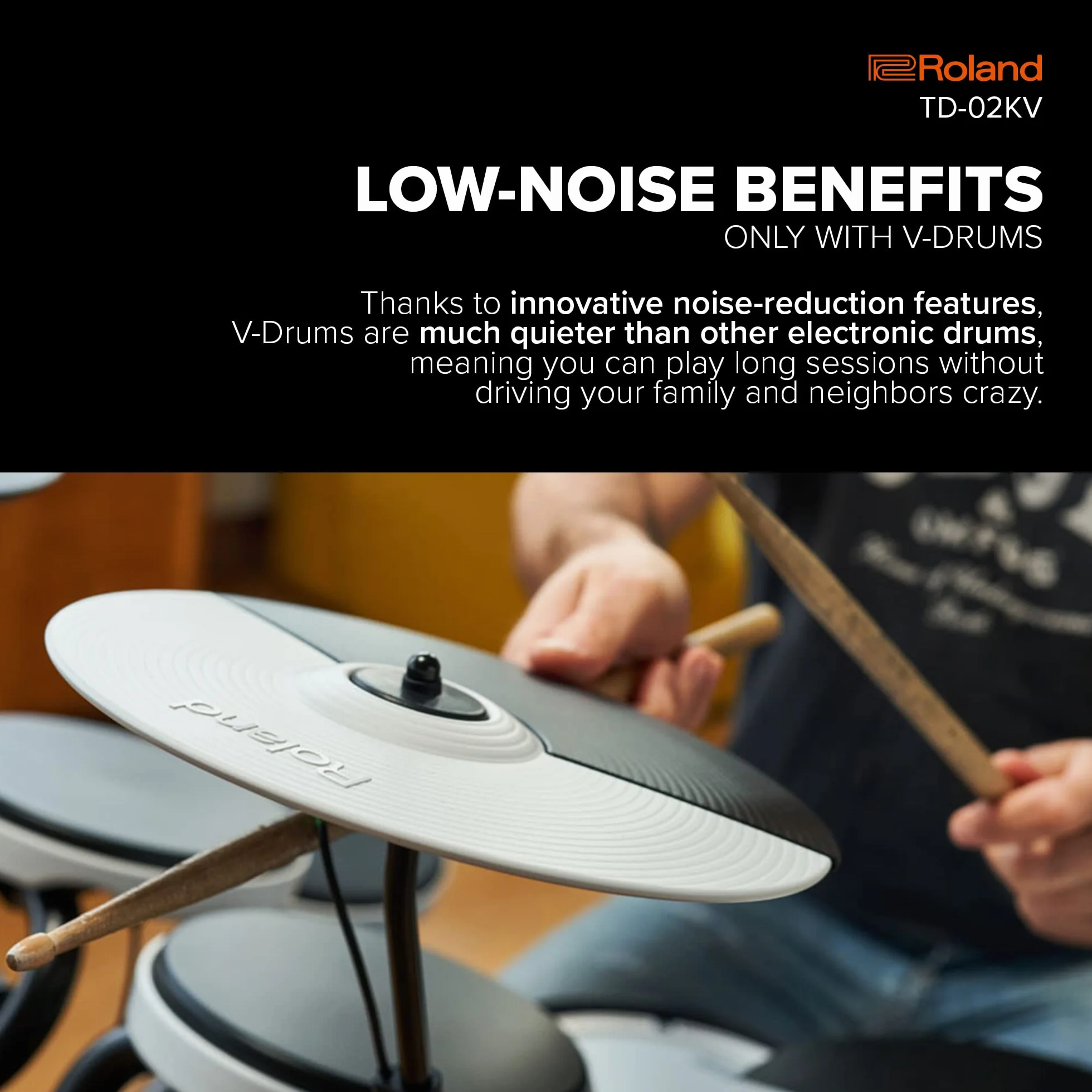 Roland TD-02KV V-Drums - Zestaw Perkusyjny z Ekspresyjną Grywalnością, Właściwościami Redukującymi Hałas, Werblem z naciągiem siateczkowym, Szeroki Układ do Gry w Stylu Akustycznym