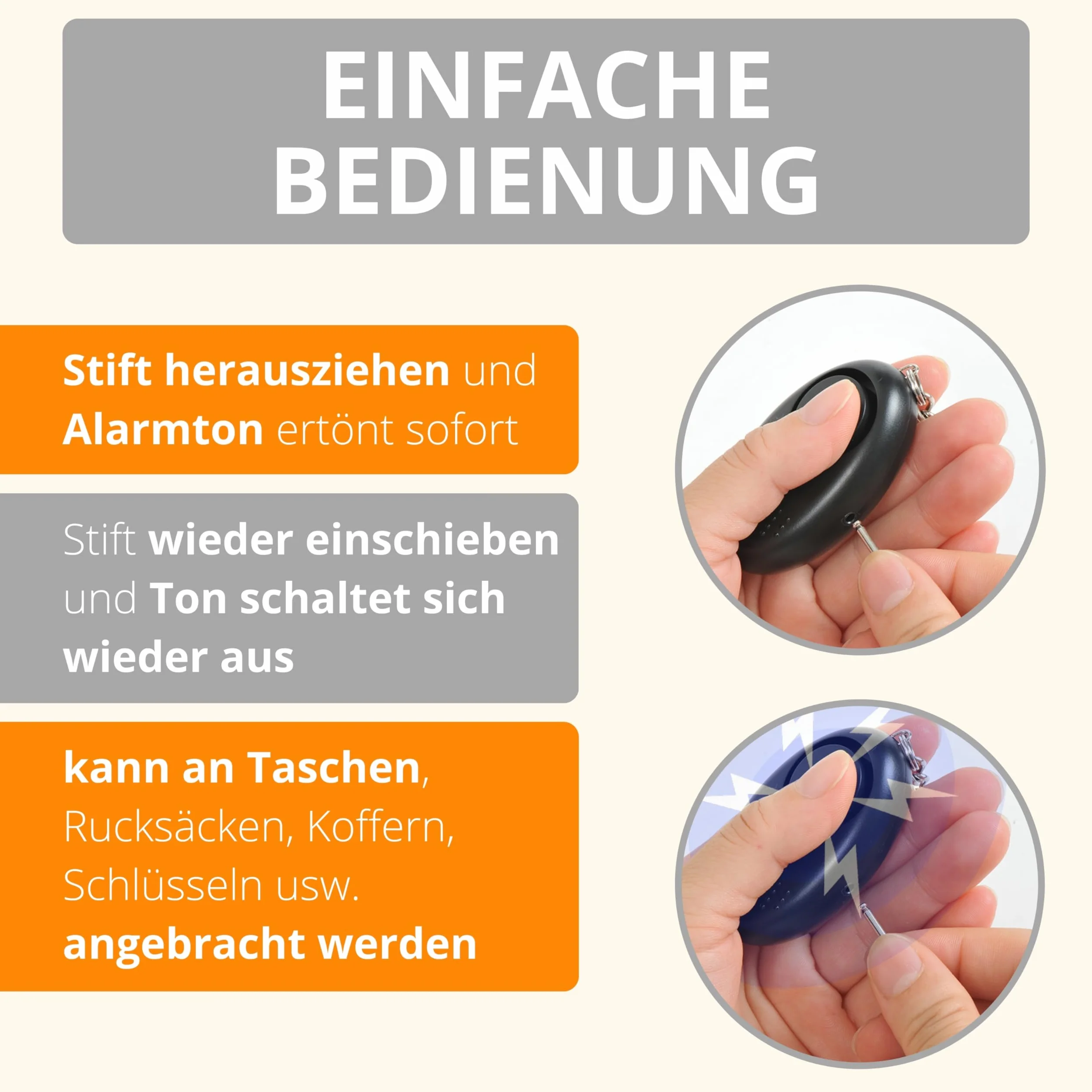 AMATHINGS Zestaw bezpieczeństwa 2w1: 130 dB alarm kieszonkowy i ergonomiczny Kubotan – kompleksowa ochrona dla kobiet i seniorów – Dyskretny zestaw do samoobrony do torebki i breloczka – Czarny