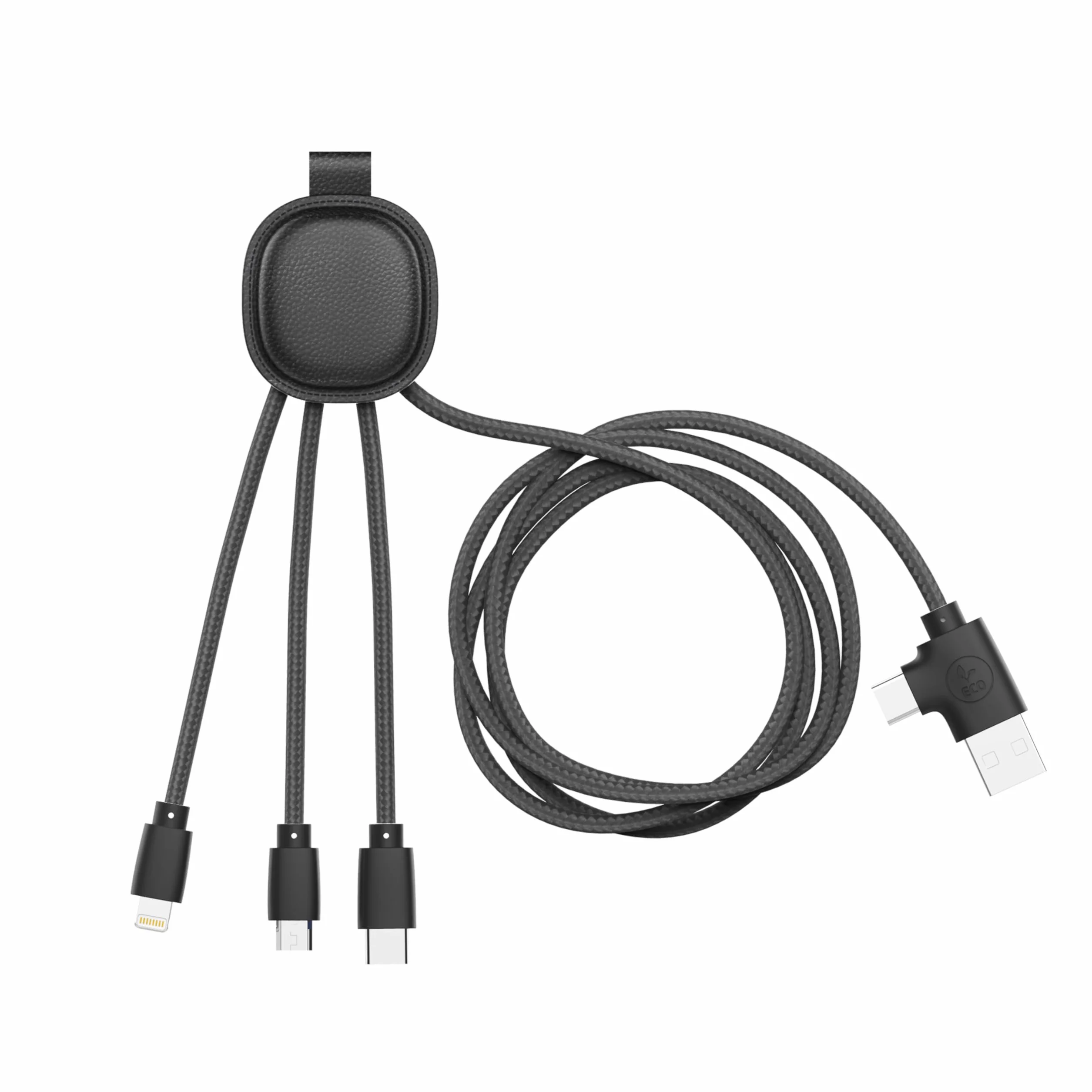Xoopar Kabel Multi USB 4 w 1 USB-C, USB, Lightning, Micro USB - Iné Smart Long 1m - Skórzana funkcja NFC z recyklingu do ładowania smartfonów iPhone, Samsung, Huawei, Xiaomi, LG, czarny