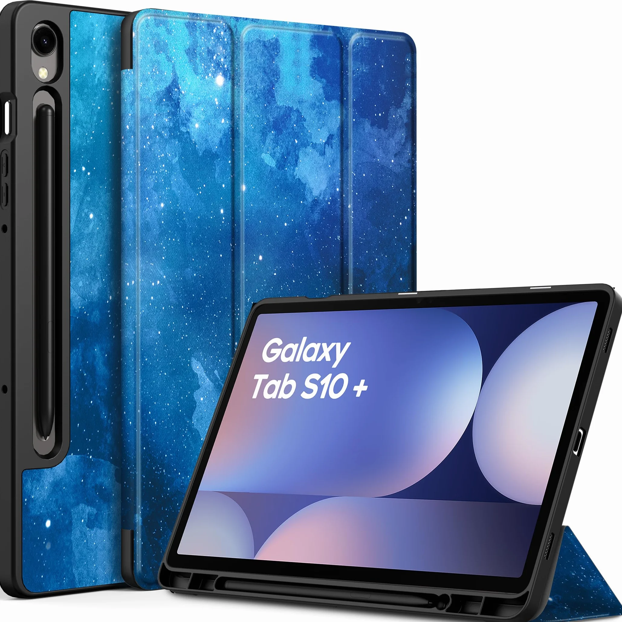 EasyAcc Etui do Samsung Galaxy Tab S10+, Galaxy Tab S9 FE+/S9 Plus 12,4 cala z uchwytem S Pen - ultra cienkie z funkcją stojaka Slim PU skórzane etui ochronne, niebieskie gwiazdy