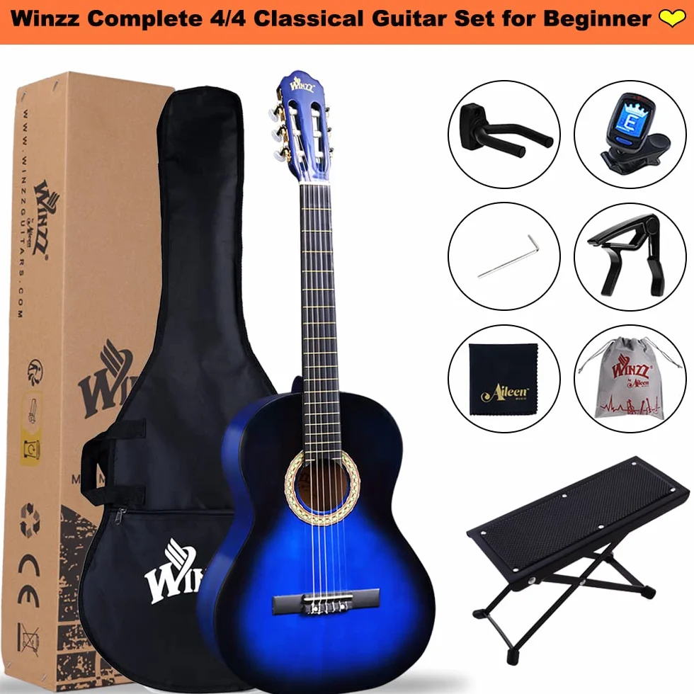 Winzz Z 80 cm gitara klasyczna 4/4 rozmiar dla dorosłych dzieci zestaw dla początkujących, blueburst