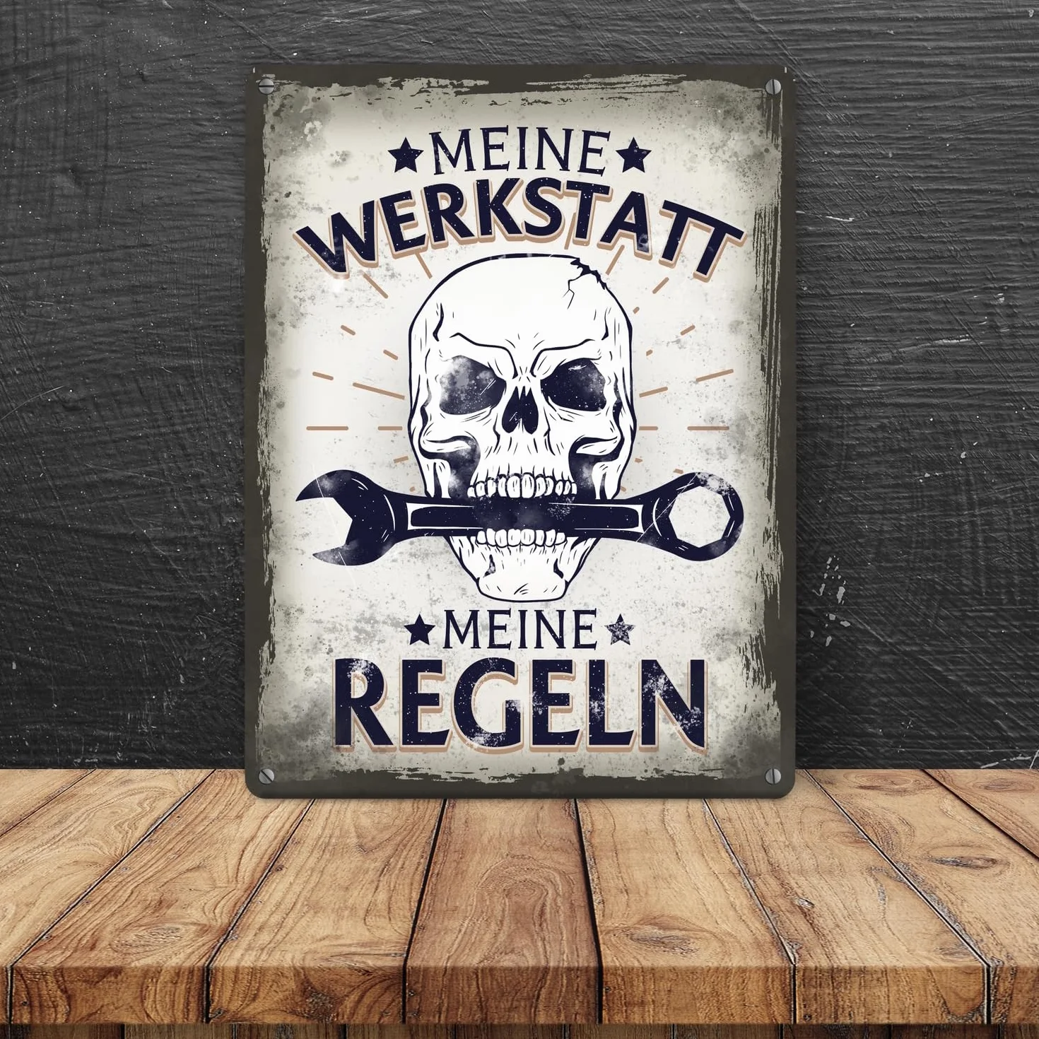 Meine Werkstatt meine Regeln mit trupia Czaszka Metalowa tabliczka XXL 28 x 38 cm jako prezent dla wszystkich hobbystów i majsterkowiczów jako tabliczka na drzwi do warsztatu, aby podkreślić miłość do
