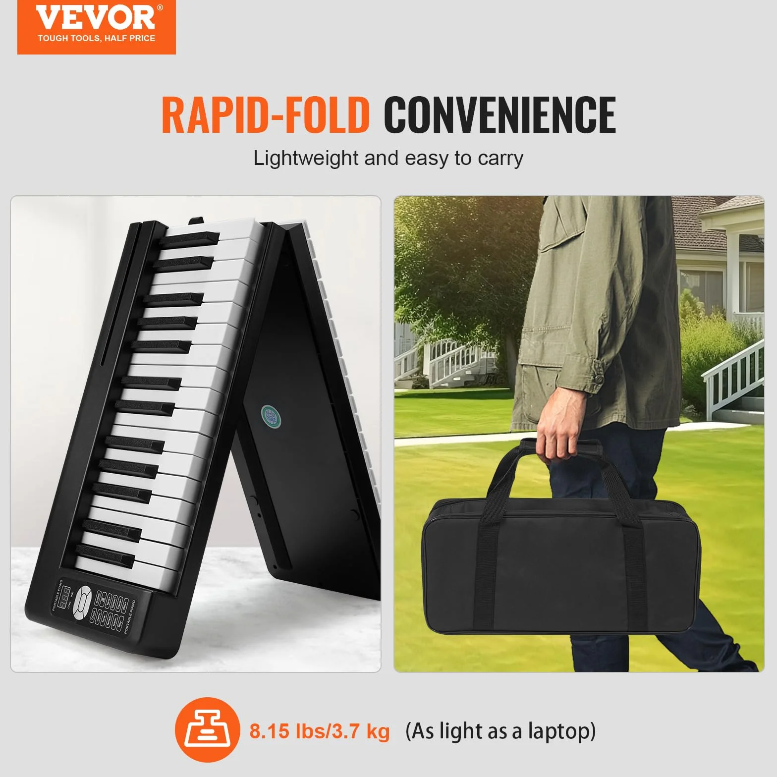 VEVOR Składane pianino 61 klawiszy, Bluetooth MIDI, przenośne składane elektroniczne pianino cyfrowe z pedałem, podświetlane klawisze dotykowe, torba, akumulator, składany fortepian