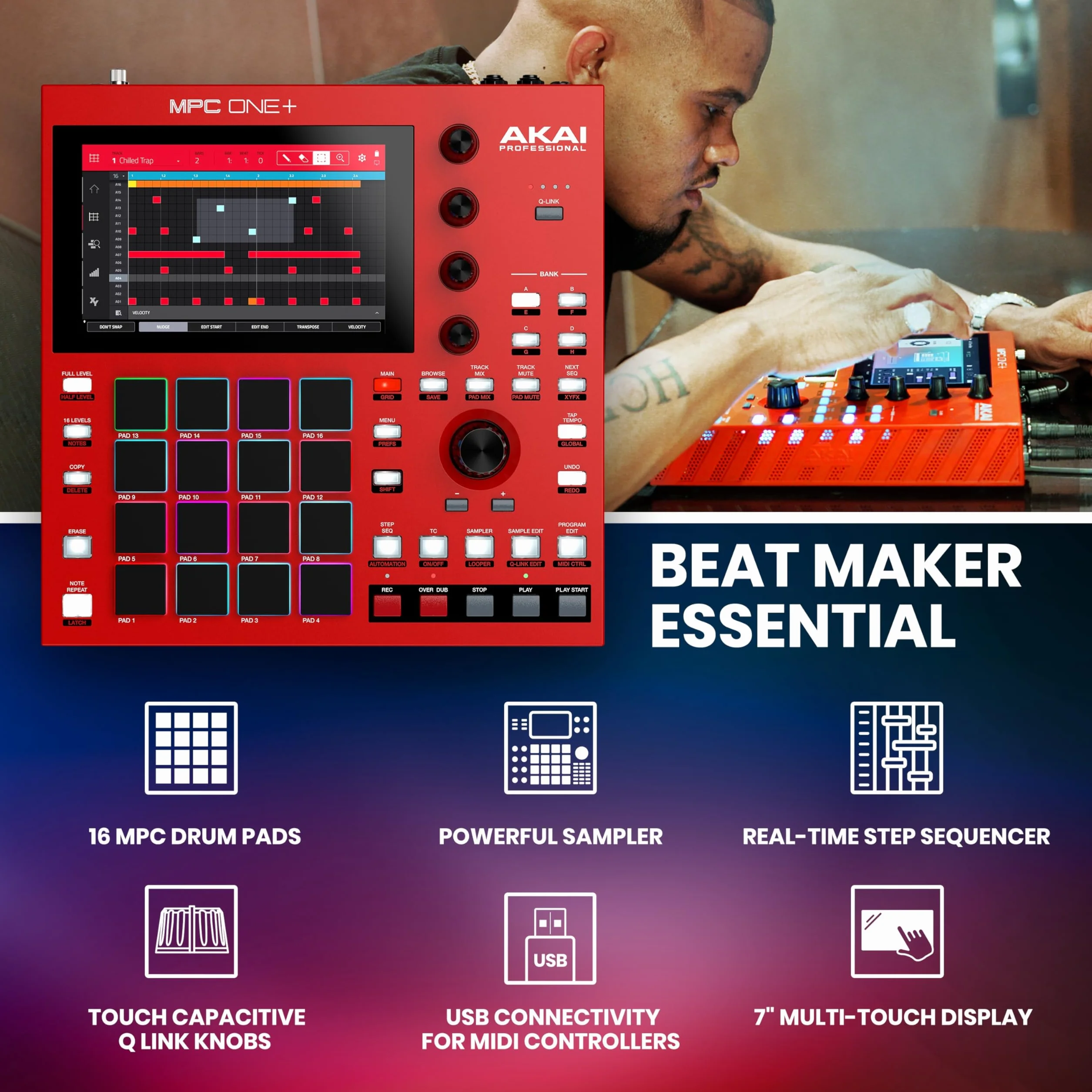 Akai Professional MPC One+ samodzielny automat perkusyjny, beat maker i kontroler MIDI z WiFi, Bluetooth, padami perkusyjnymi, ekranem dotykowym i integracją z Native Instruments