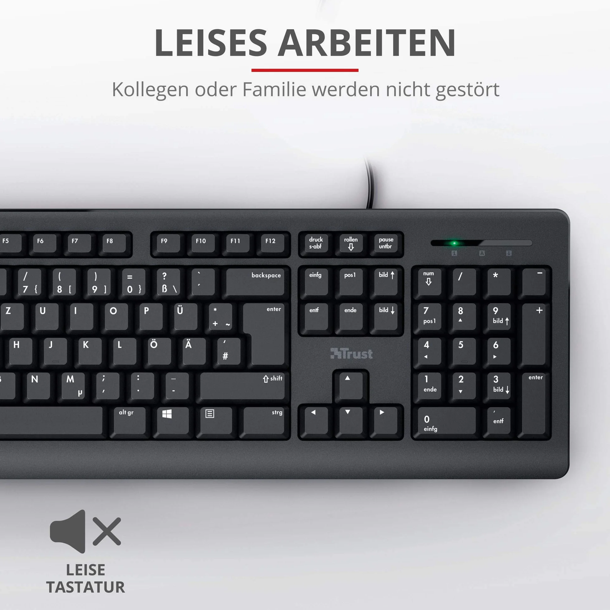Trust Taro klawiatura przewodowa, niemiecki układ QWERTZ, ciche przyciski, ochrona przed rozbryzgami wody, port USB, kabel o długości 1,8 m, klawiatura do komputera, laptopa, Mac, Windows, macOS –