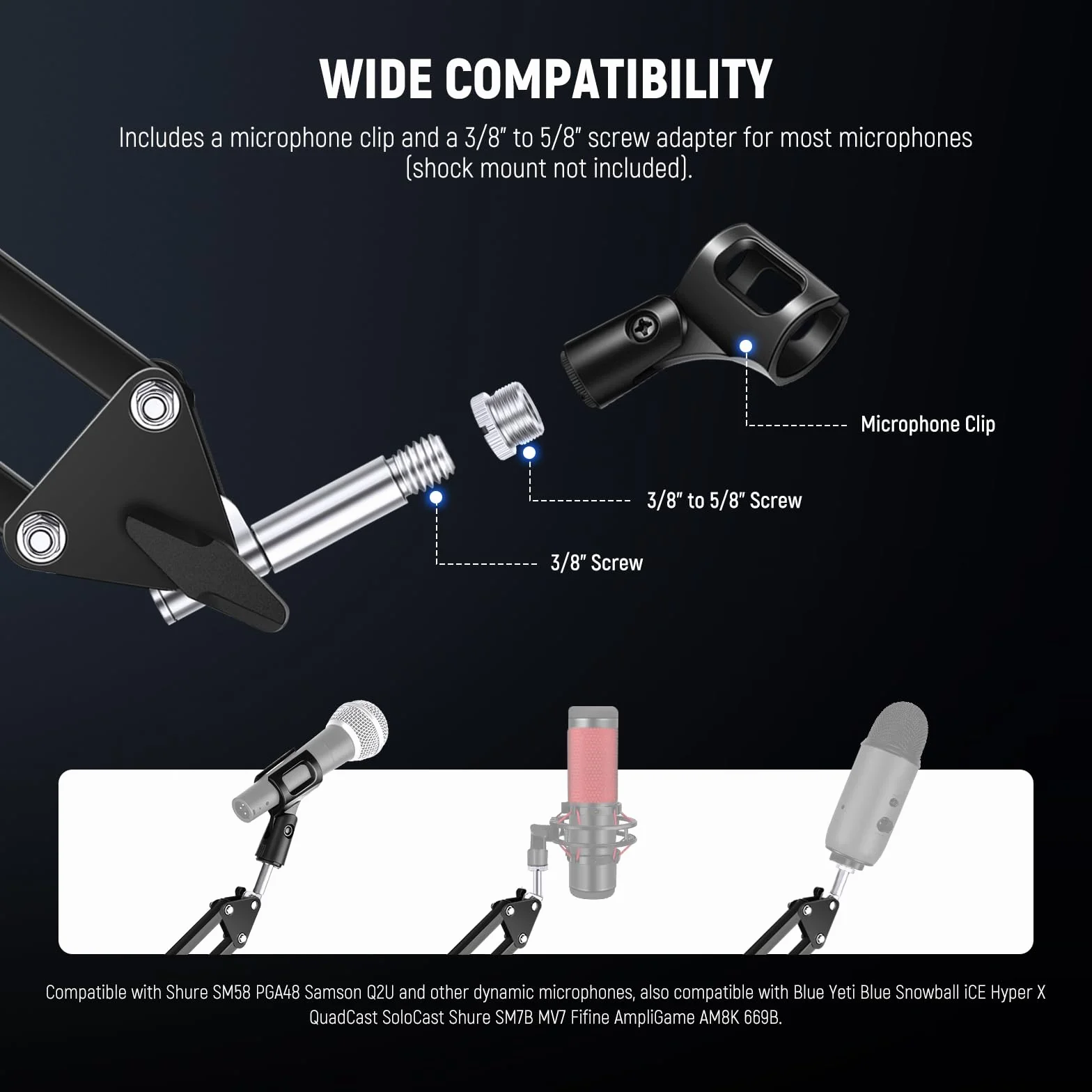 NEEWER Stojak na ramię mikrofonowe, wysięgnik nożycowy, uchwyt na biurko z klipsem i adapter 3/8 cala na 5/20.3 cm, kompatybilny z Blue Yeti Snowball HyperX QuadCast SoloCast Shure